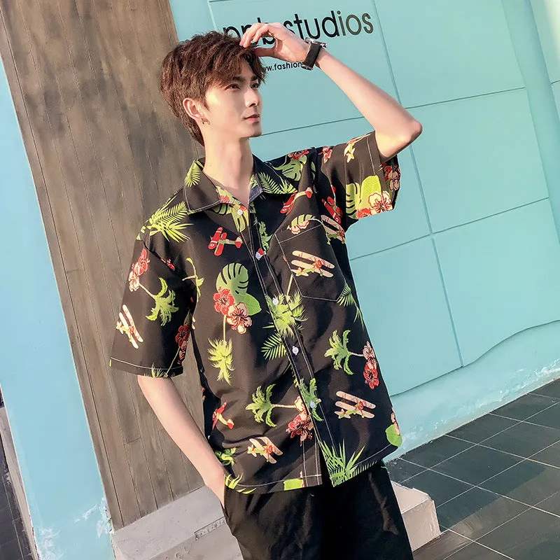 Hawaiian Beach Vacation Shirts Thin Short Sleeve Beach Shirt for Men Casual Loose Oversized Printed Shirt Summer