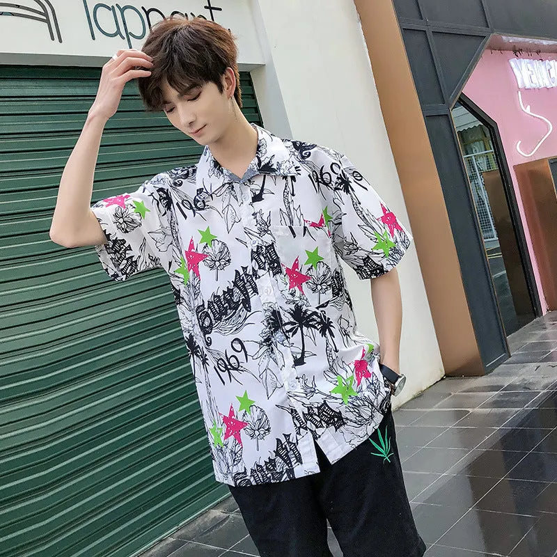 Hawaiian Beach Vacation Shirts Thin Short Sleeve Beach Shirt for Men Casual Loose Oversized Printed Shirt Summer