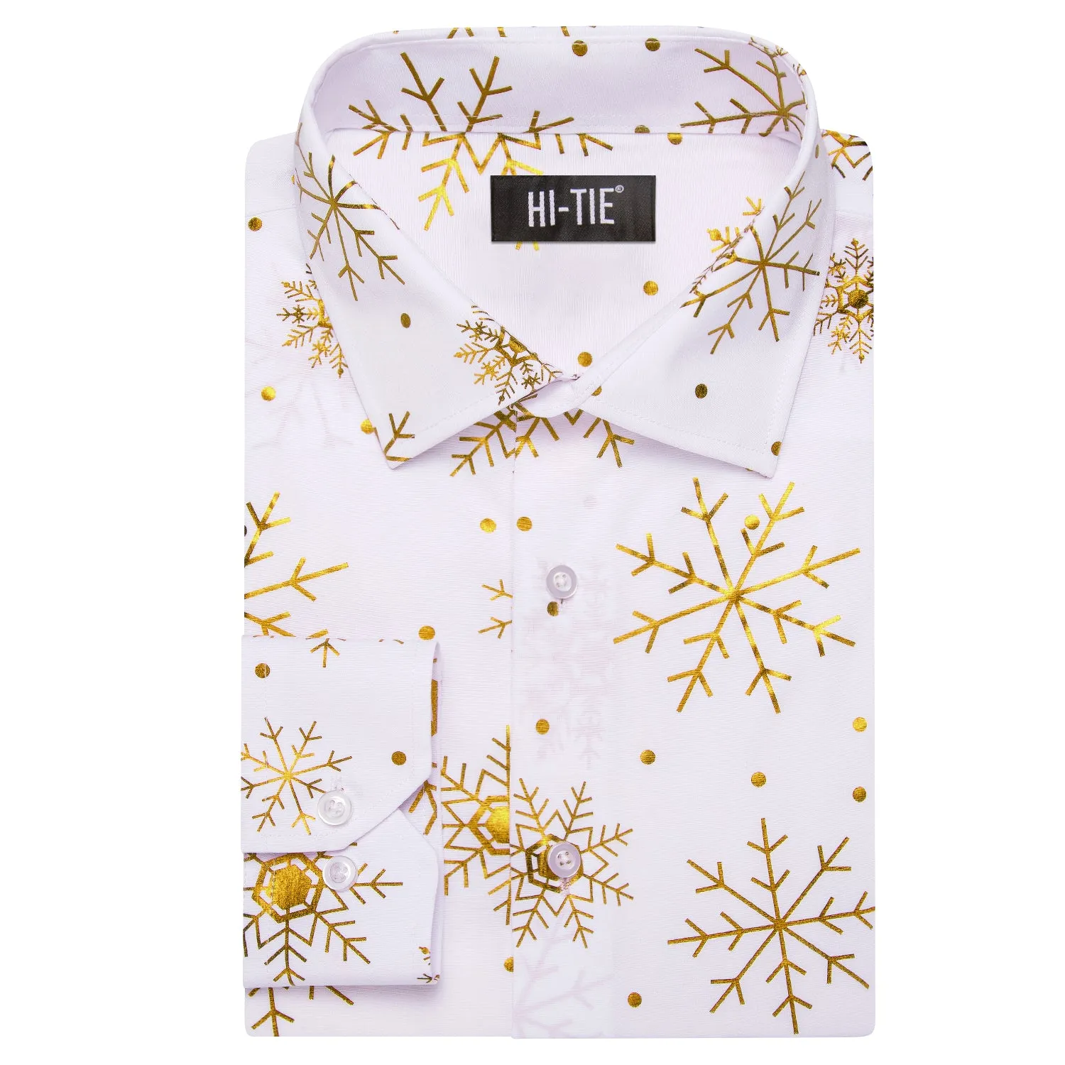 Hi-Tie White Golden Snowflake Men's Long Sleeve Shirt Christmas Top