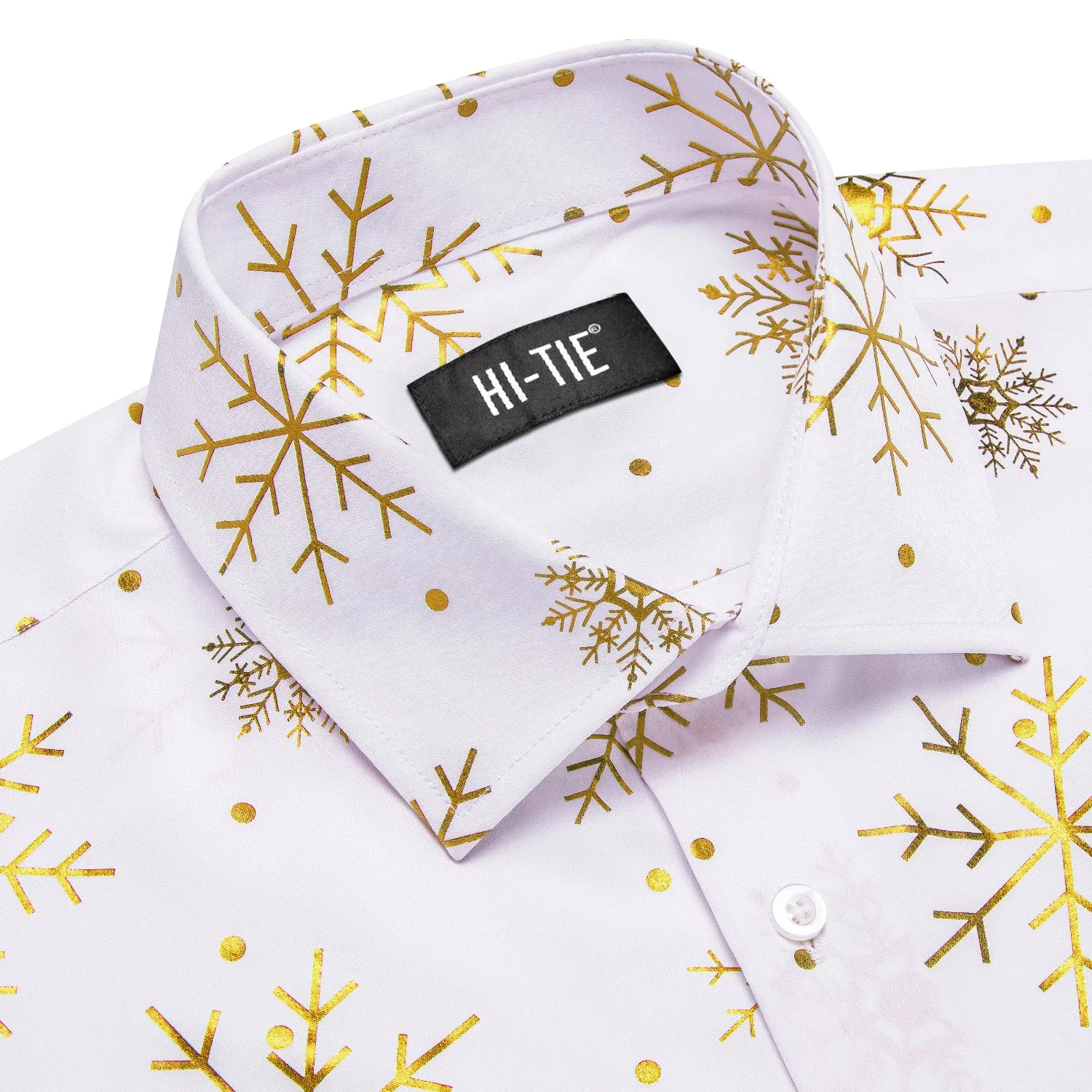 Hi-Tie White Golden Snowflake Men's Long Sleeve Shirt Christmas Top