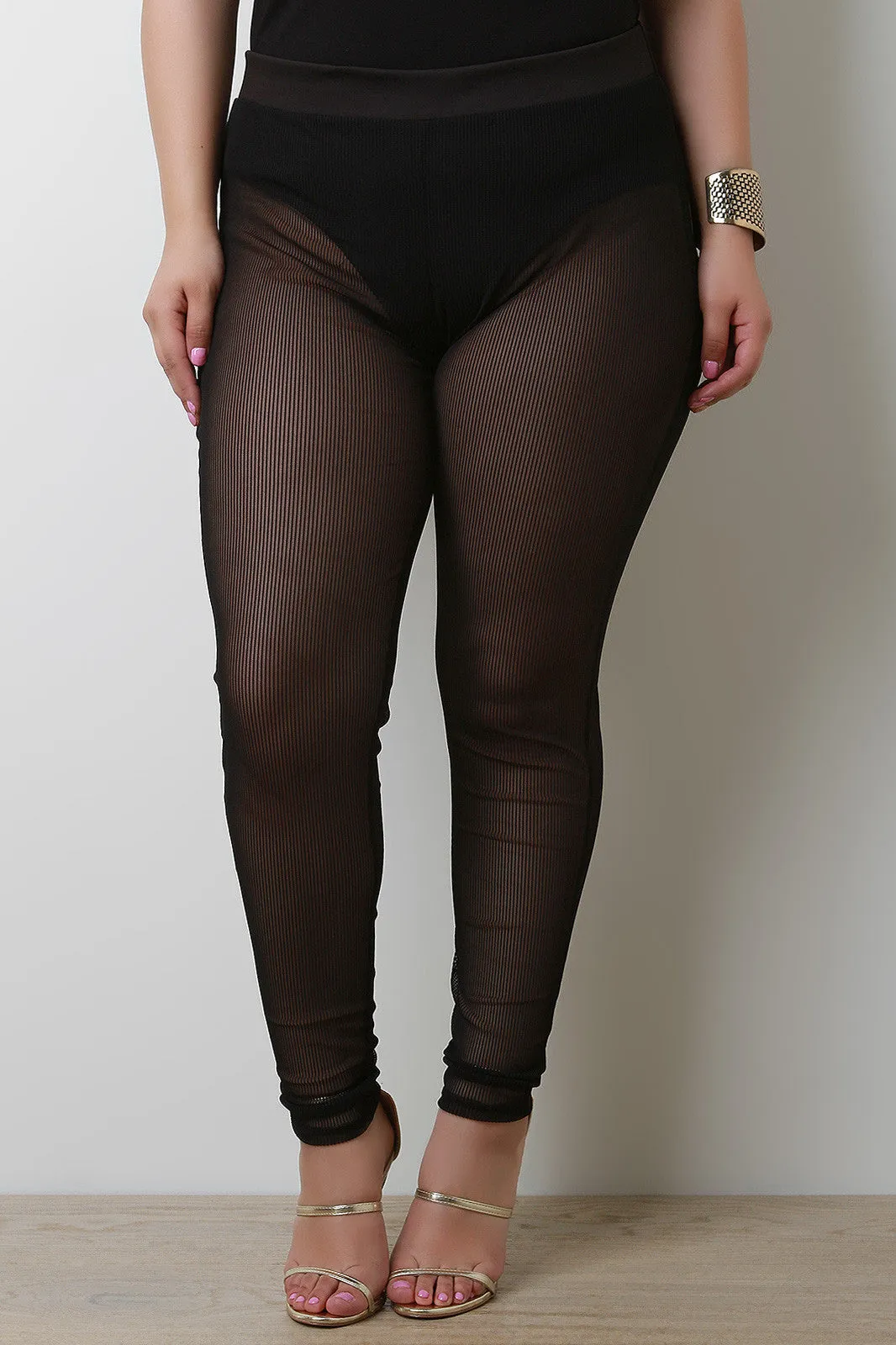 High Waist Pinstripe Semi-Sheer Mesh Leggings