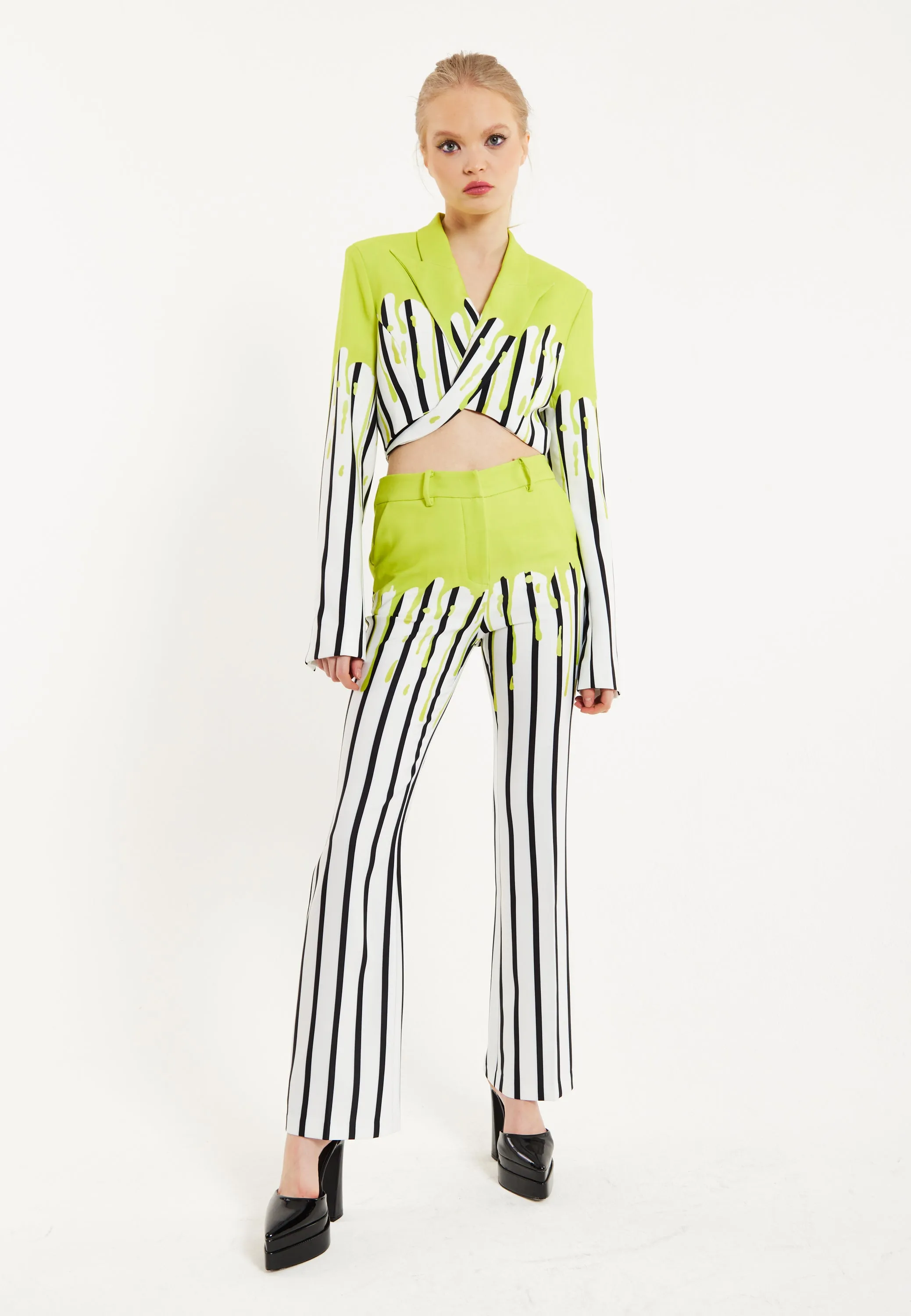 House Of Holland Stripe Monochrome Acid Green Splash Crop Blazer With Belt