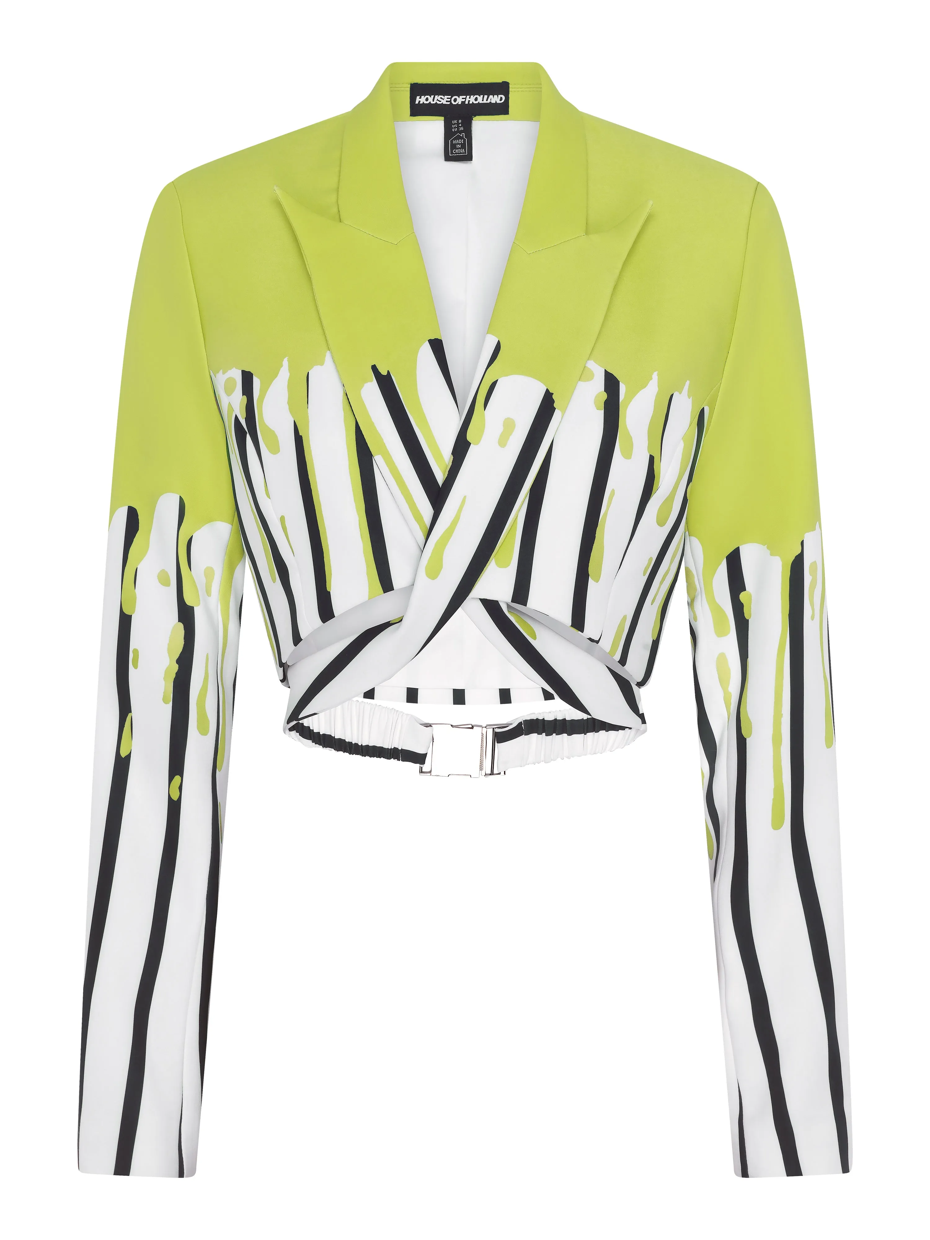 House Of Holland Stripe Monochrome Acid Green Splash Crop Blazer With Belt