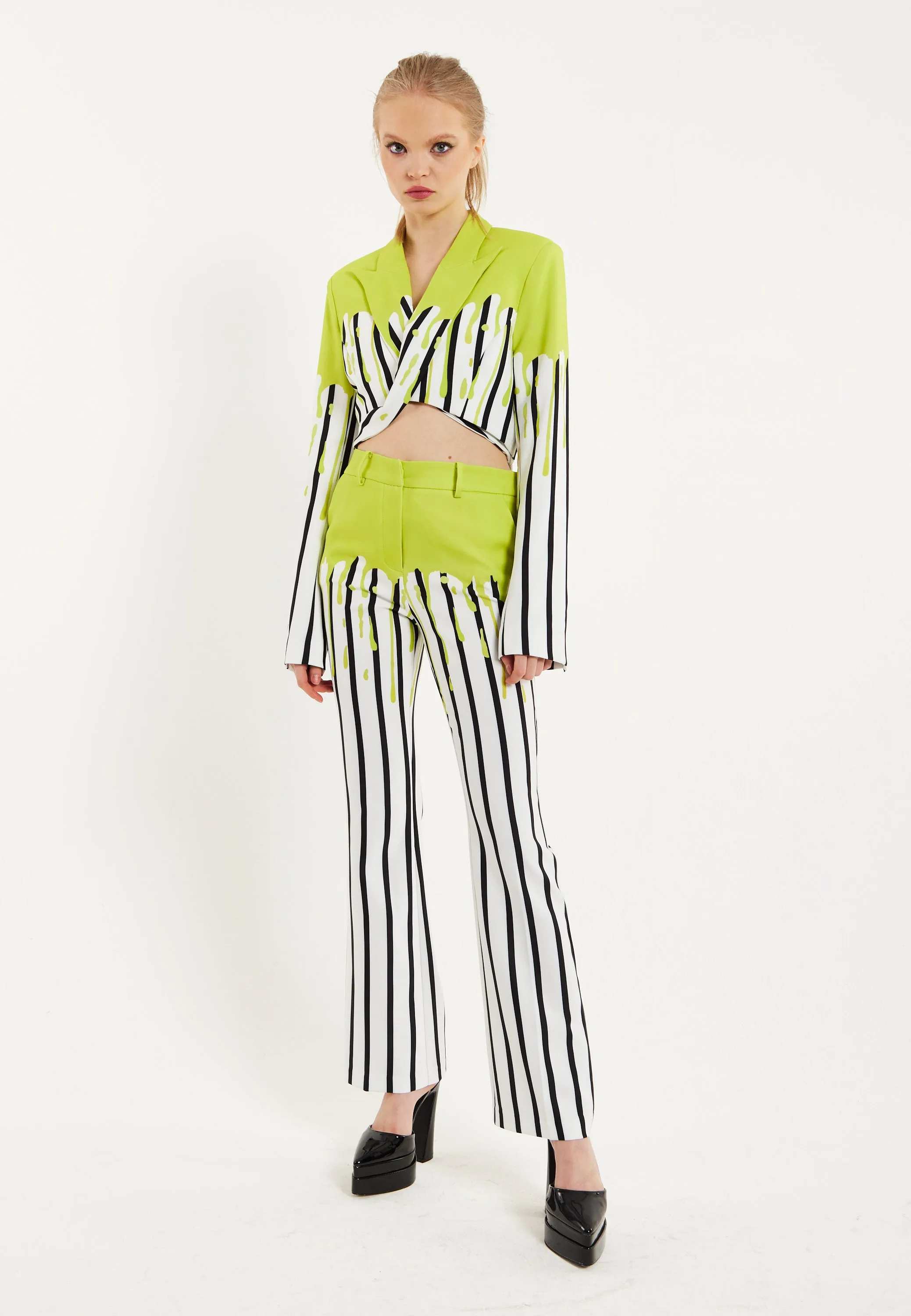 House Of Holland Stripe Monochrome Acid Green Splash Crop Blazer With Belt