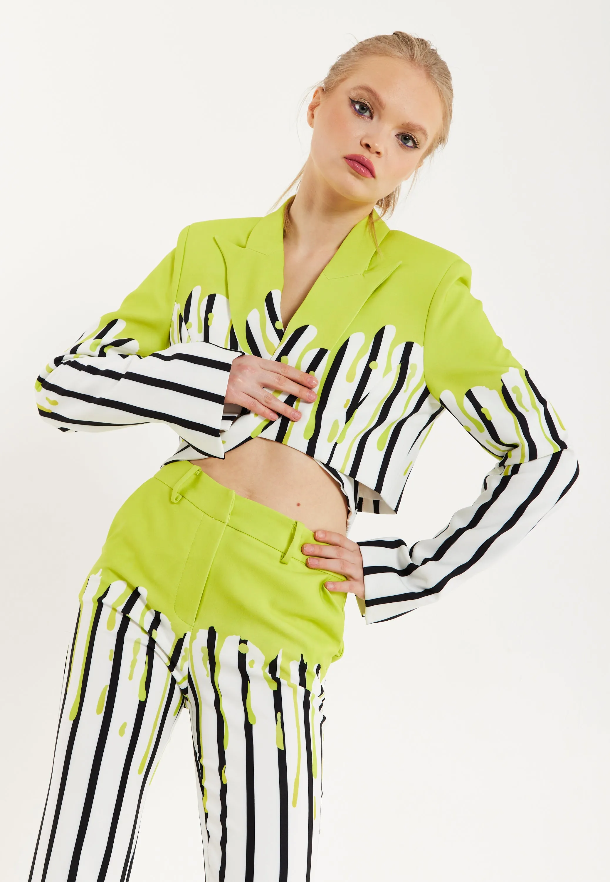 House Of Holland Stripe Monochrome Acid Green Splash Crop Blazer With Belt