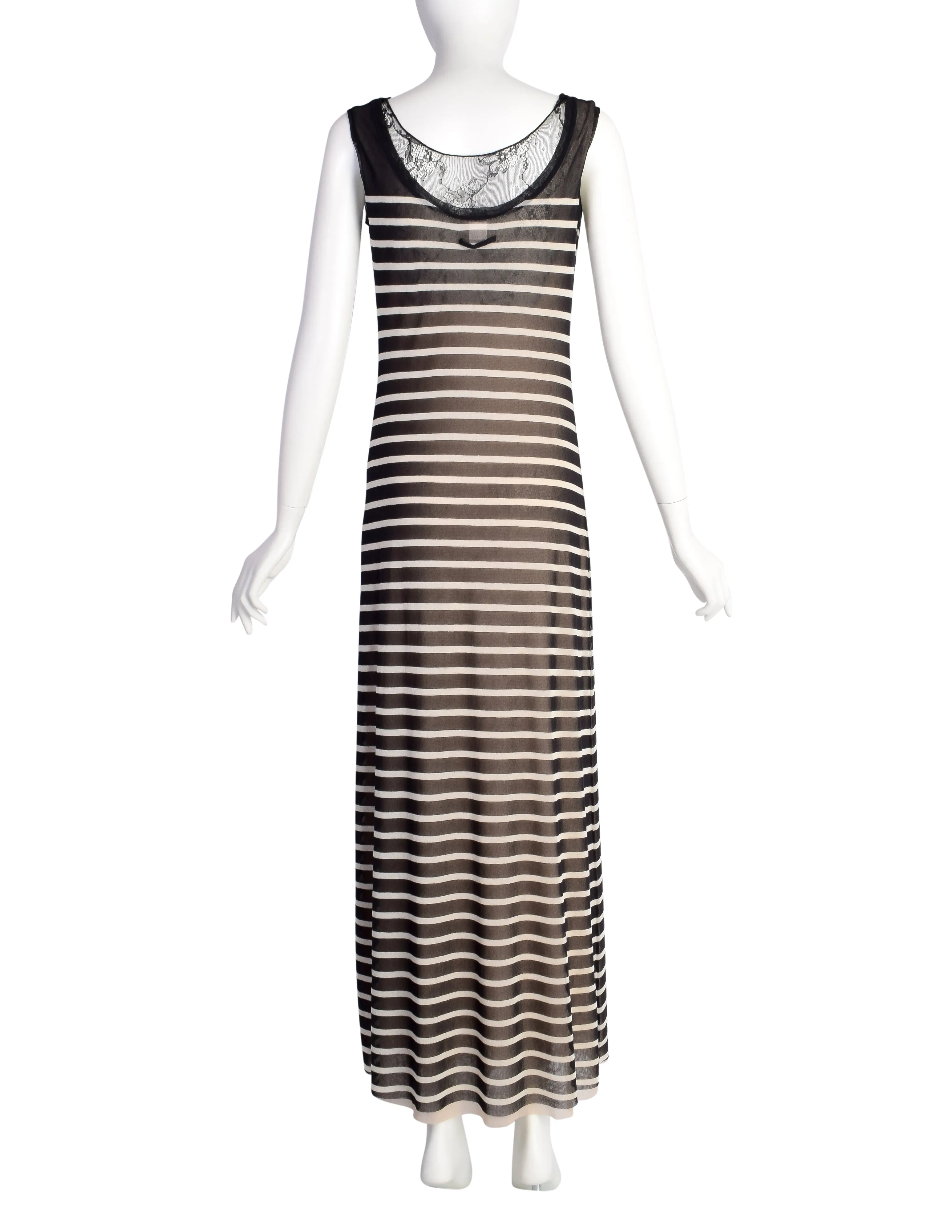 Jean Paul Gaultier Vintage Black White Breton Stripe Mesh Lace Maxi Dress