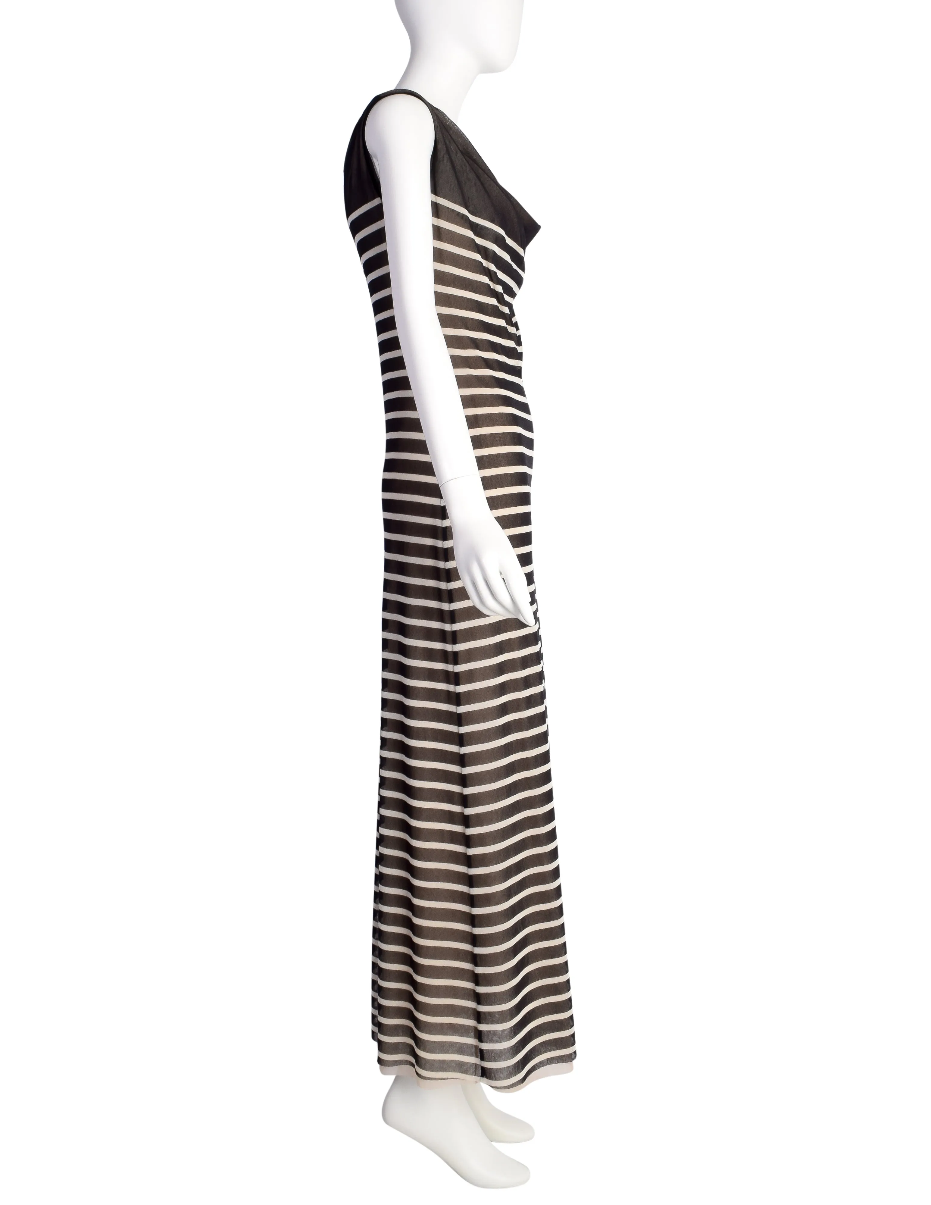 Jean Paul Gaultier Vintage Black White Breton Stripe Mesh Lace Maxi Dress