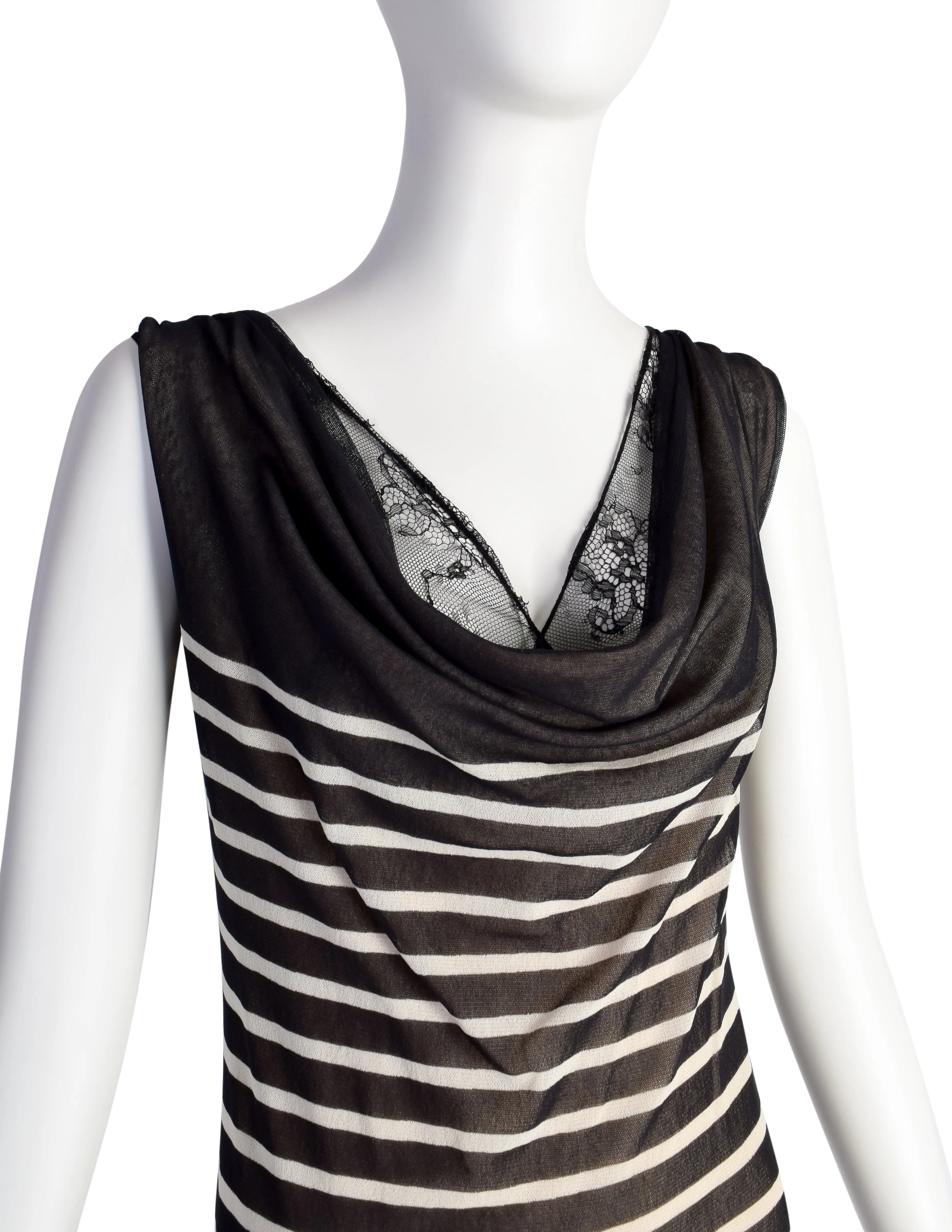 Jean Paul Gaultier Vintage Black White Breton Stripe Mesh Lace Maxi Dress