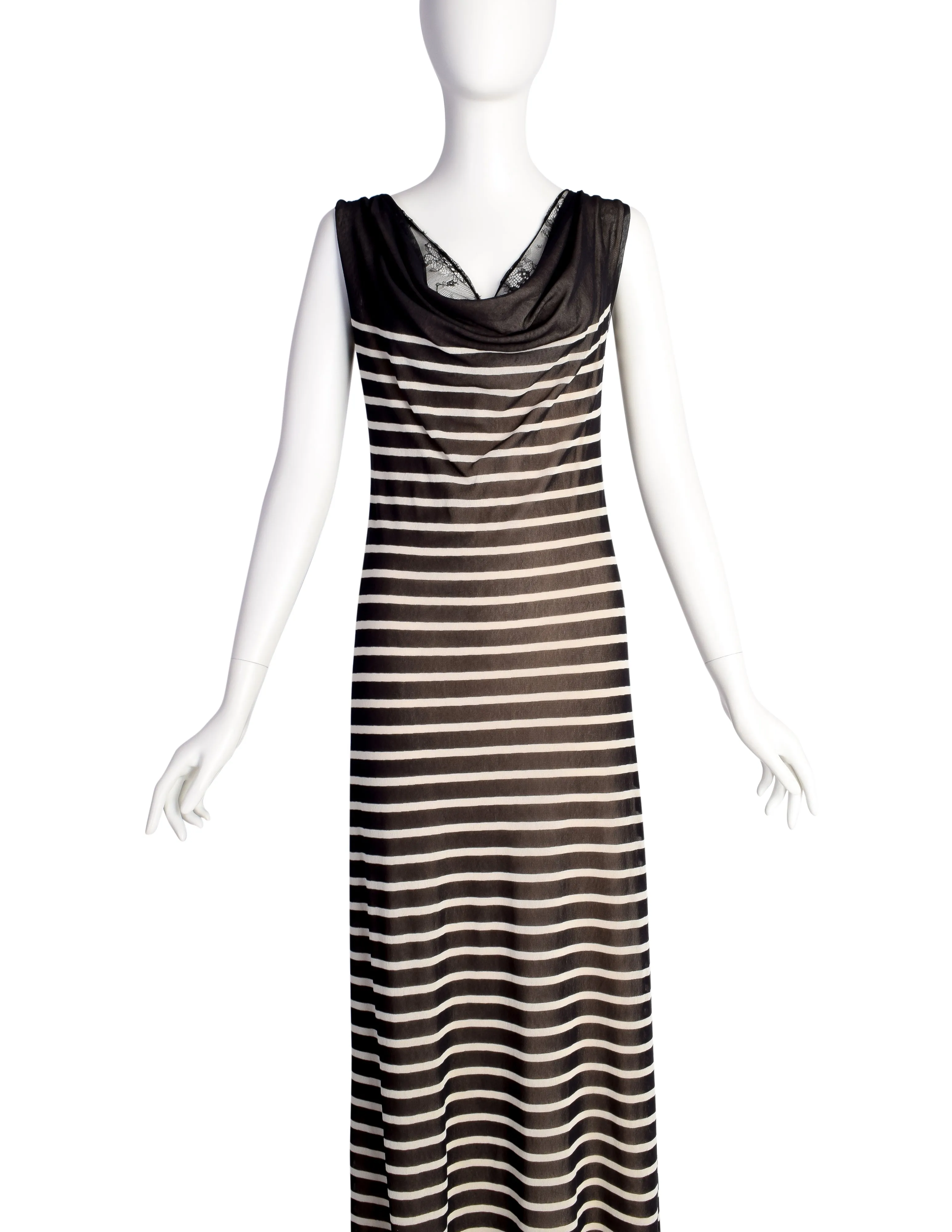 Jean Paul Gaultier Vintage Black White Breton Stripe Mesh Lace Maxi Dress