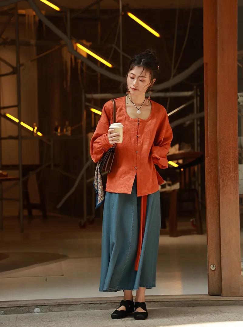 Jixin 鸡心 Chicken Heart Modernized Tang Song Tencel Denim Trousers & Tanling Scoop Shirt Set