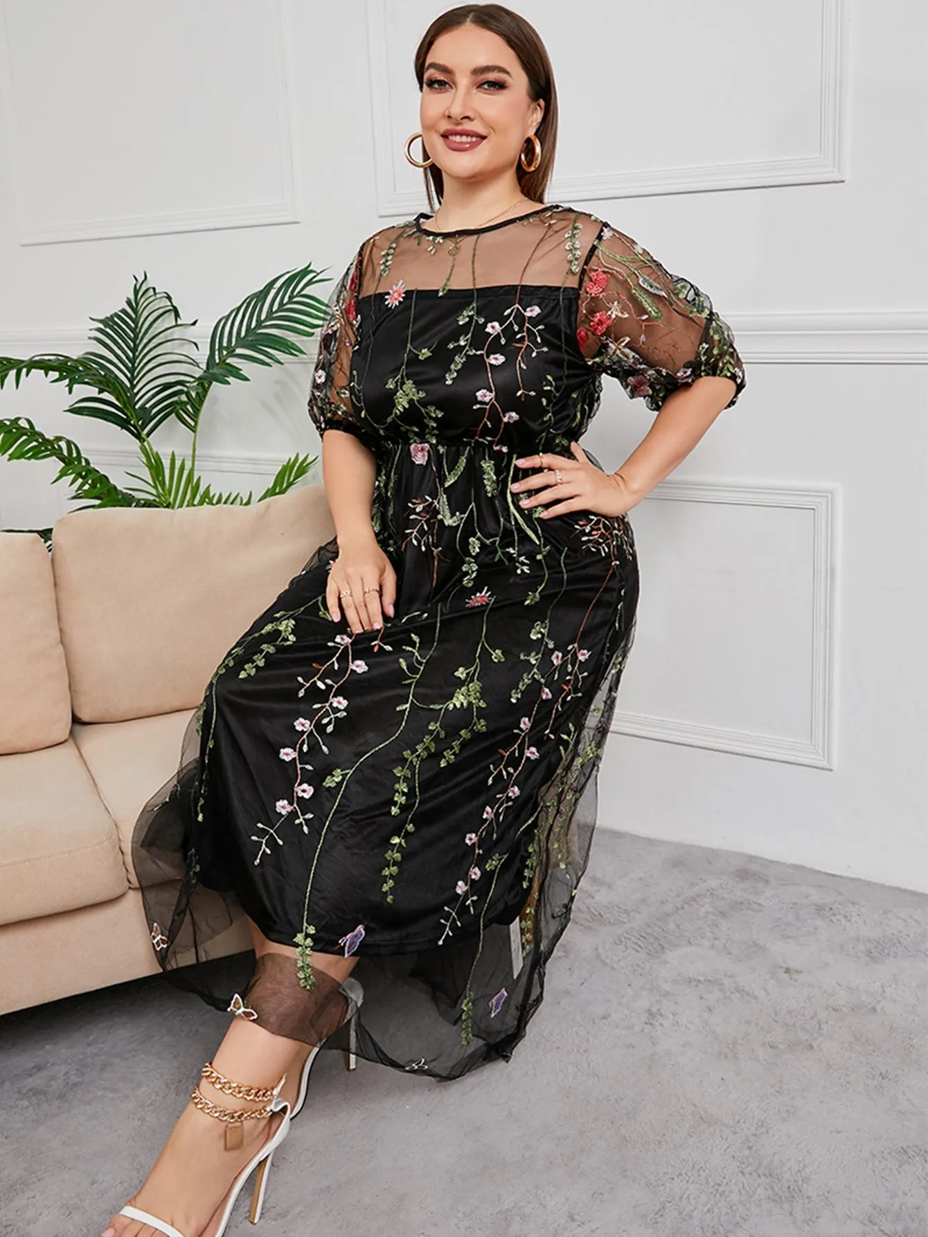 KittenAlarm - Plus Size Mesh Embroidery Party Dress