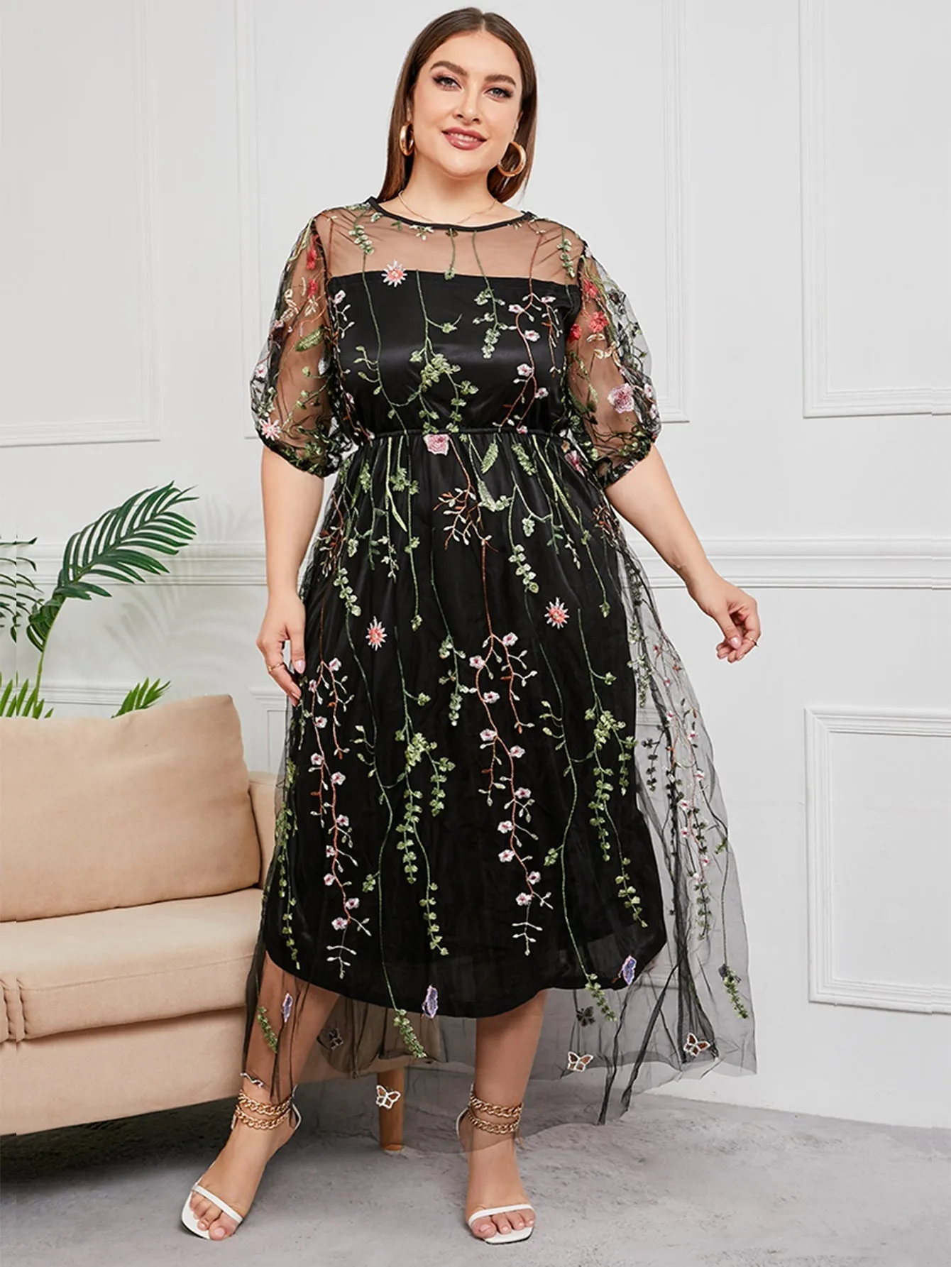 KittenAlarm - Plus Size Mesh Embroidery Party Dress