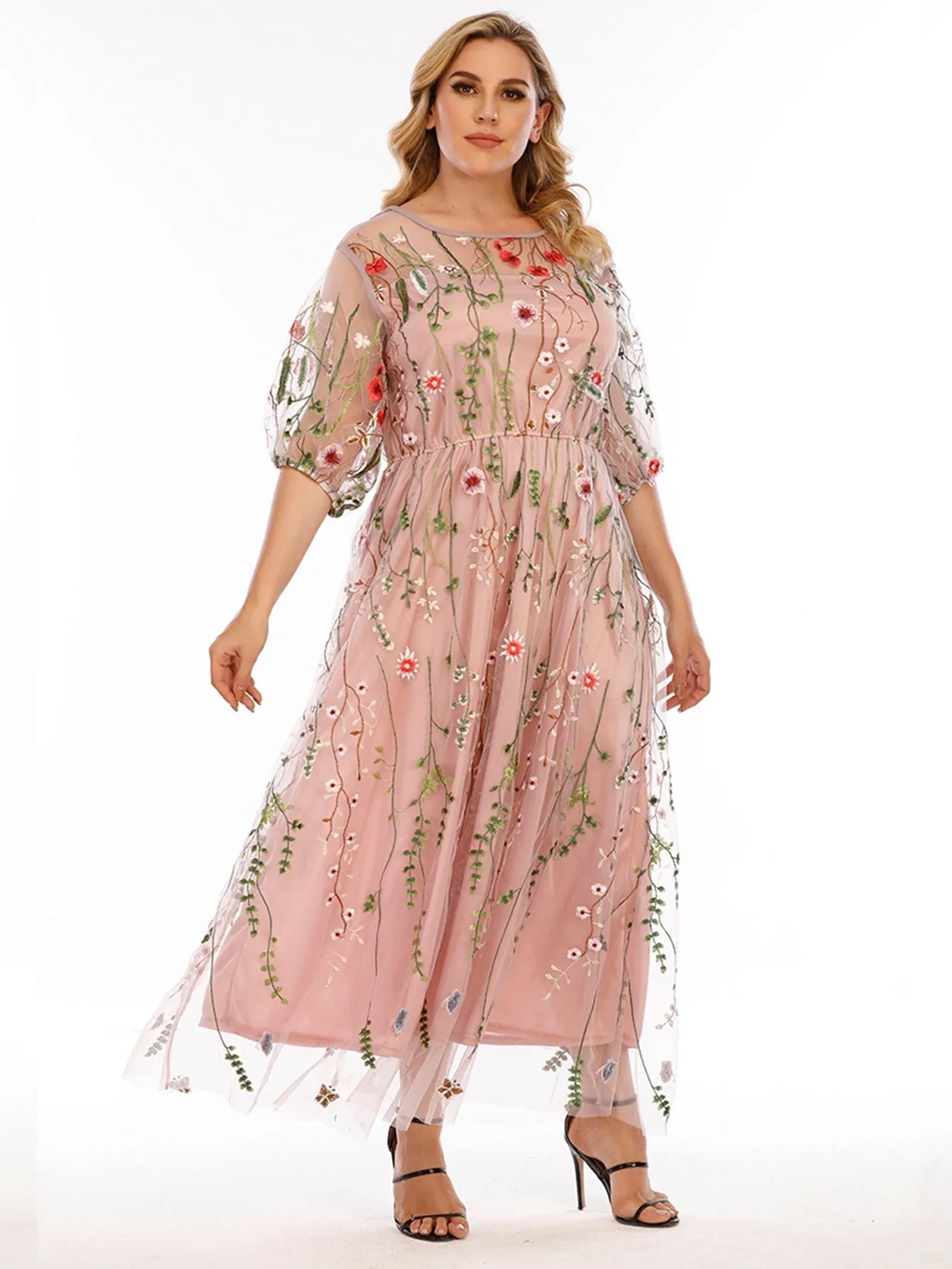 KittenAlarm - Plus Size Mesh Embroidery Party Dress