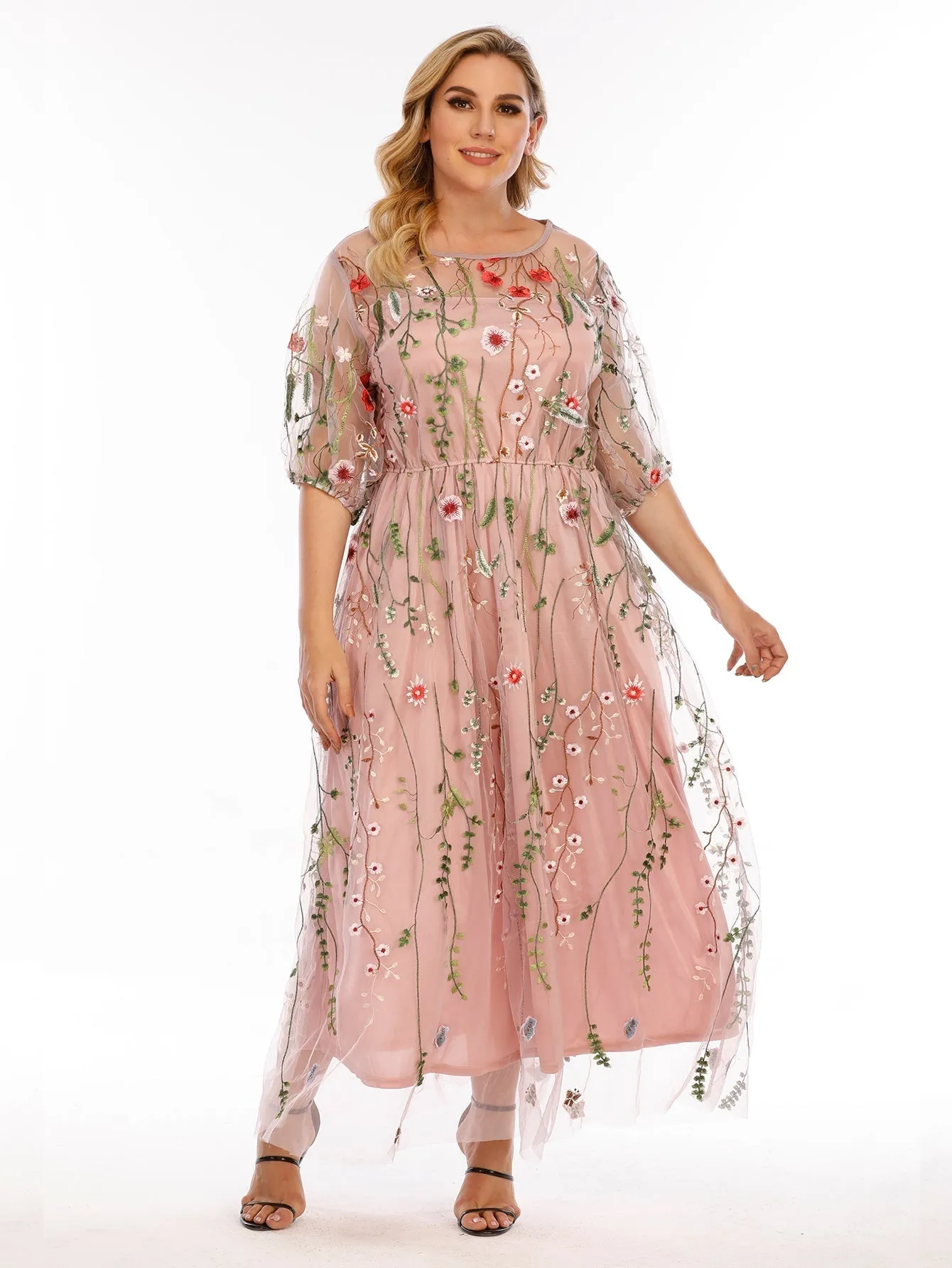 KittenAlarm - Plus Size Mesh Embroidery Party Dress