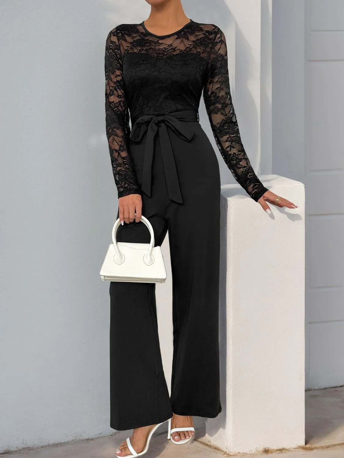 Lace Round Neck Long Sleeve Jumpsuit