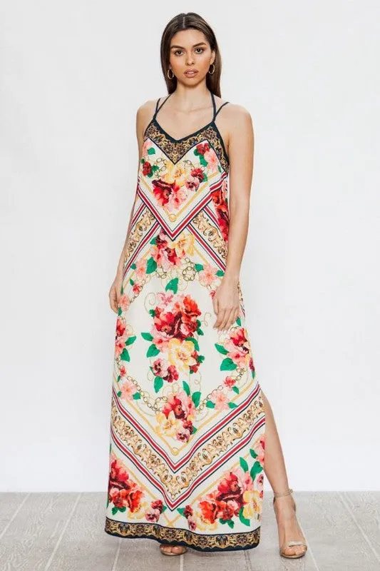 Ladies V-Neck Ivory Print Maxi Dress