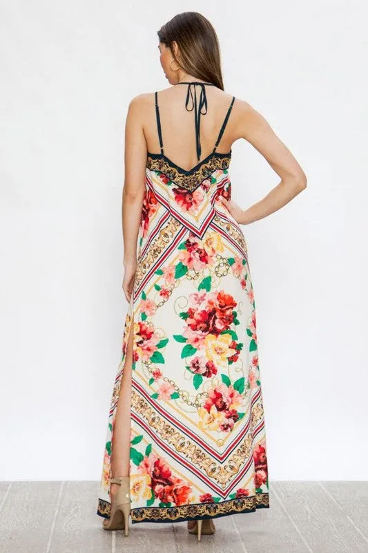 Ladies V-Neck Ivory Print Maxi Dress