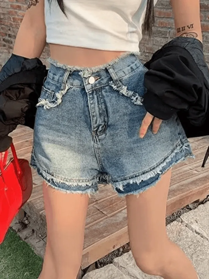 LANFUBEISI - High Waist Frayed Denim Shorts