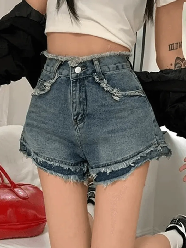 LANFUBEISI - High Waist Frayed Denim Shorts