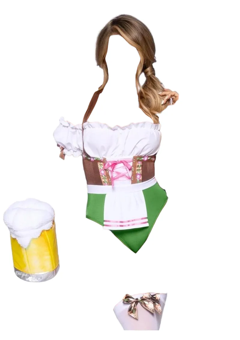 Leg Avenue 2 PC Flirty Fraulein Peasant Top Snap Crotch Bodysuit with Satin Ribbon Trim Multi-Color