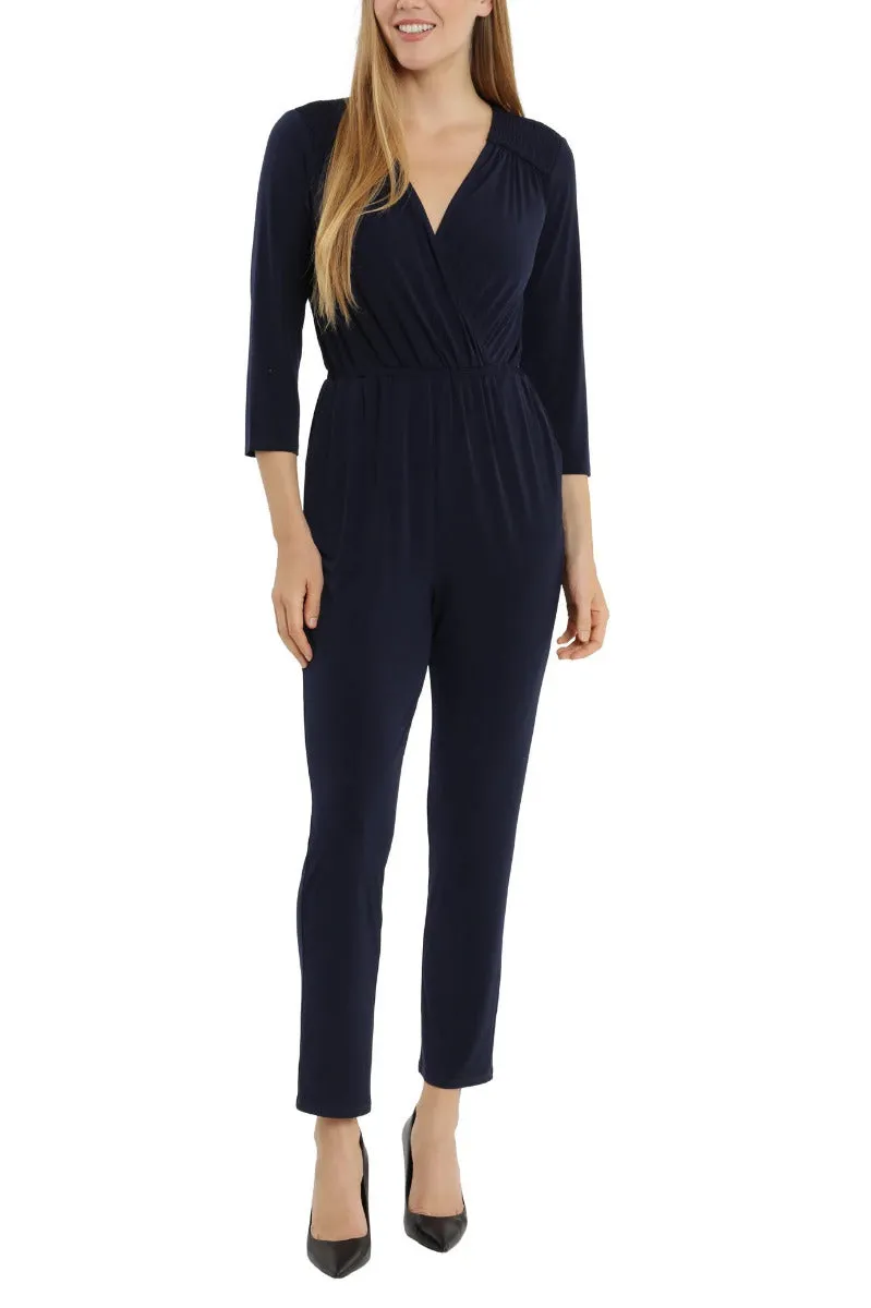 London Times Collared V-Neck Smocked Shoulder 3/4 Sleeve Elastic Waist Ruched Jersey Jumpsuit with Pockets