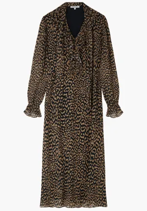 Margot Ruffle Neck Leopard Print Maxi Dress In Brown