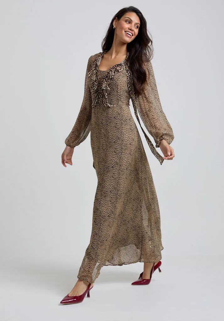 Margot Ruffle Neck Leopard Print Maxi Dress In Brown