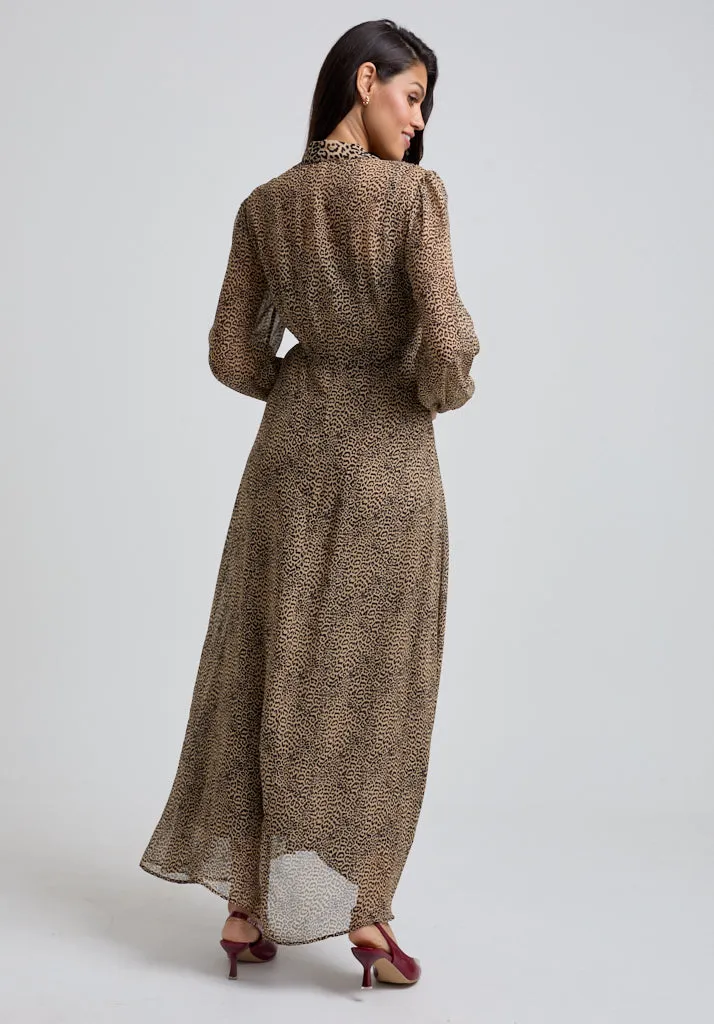 Margot Ruffle Neck Leopard Print Maxi Dress In Brown