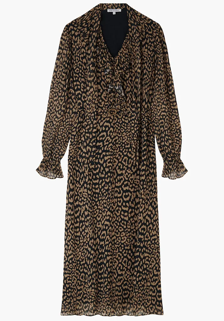 Margot Ruffle Neck Leopard Print Maxi Dress In Brown