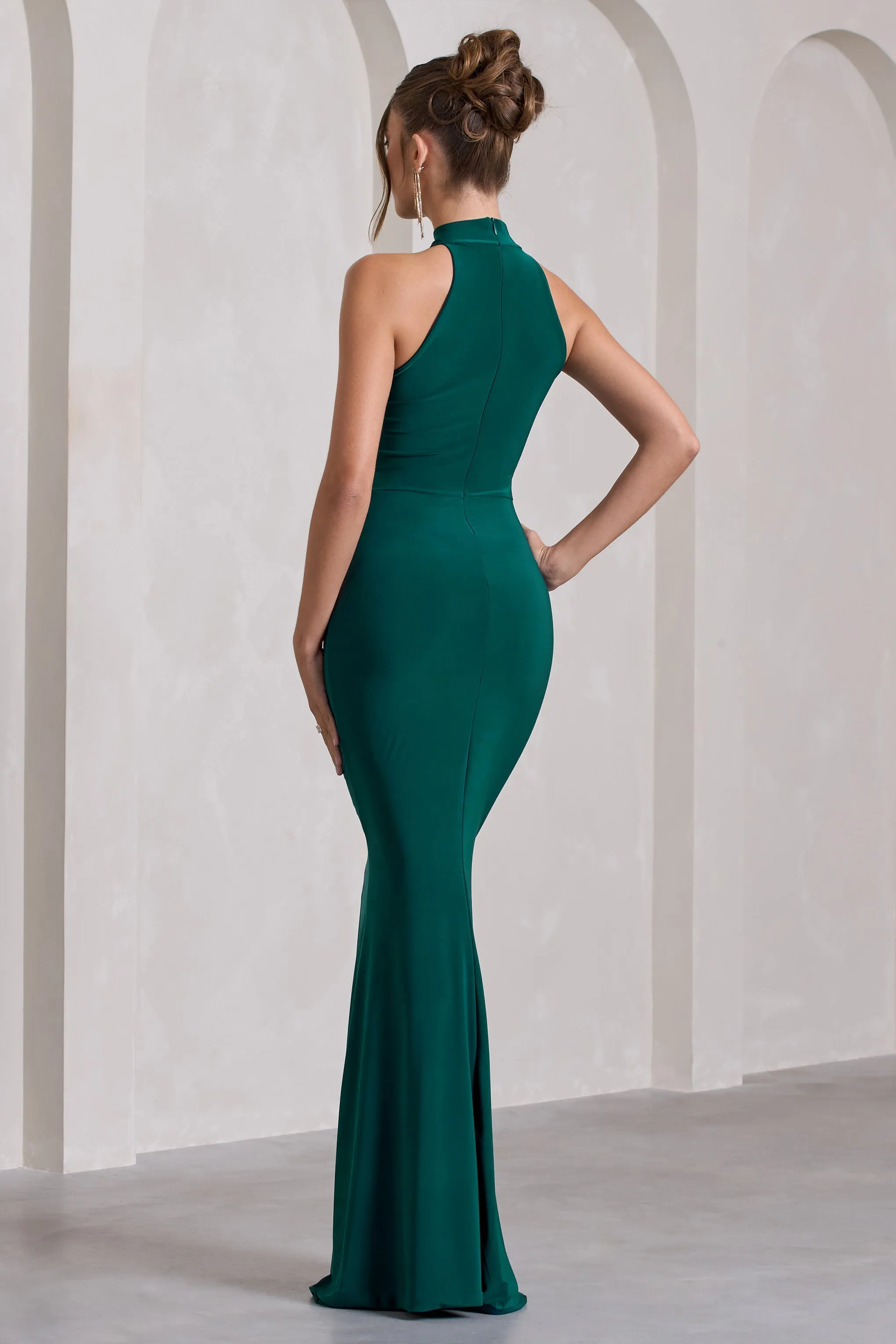 Memorable | Bottle Green Ruched High-Neck Split Fishtail Maxi Dress