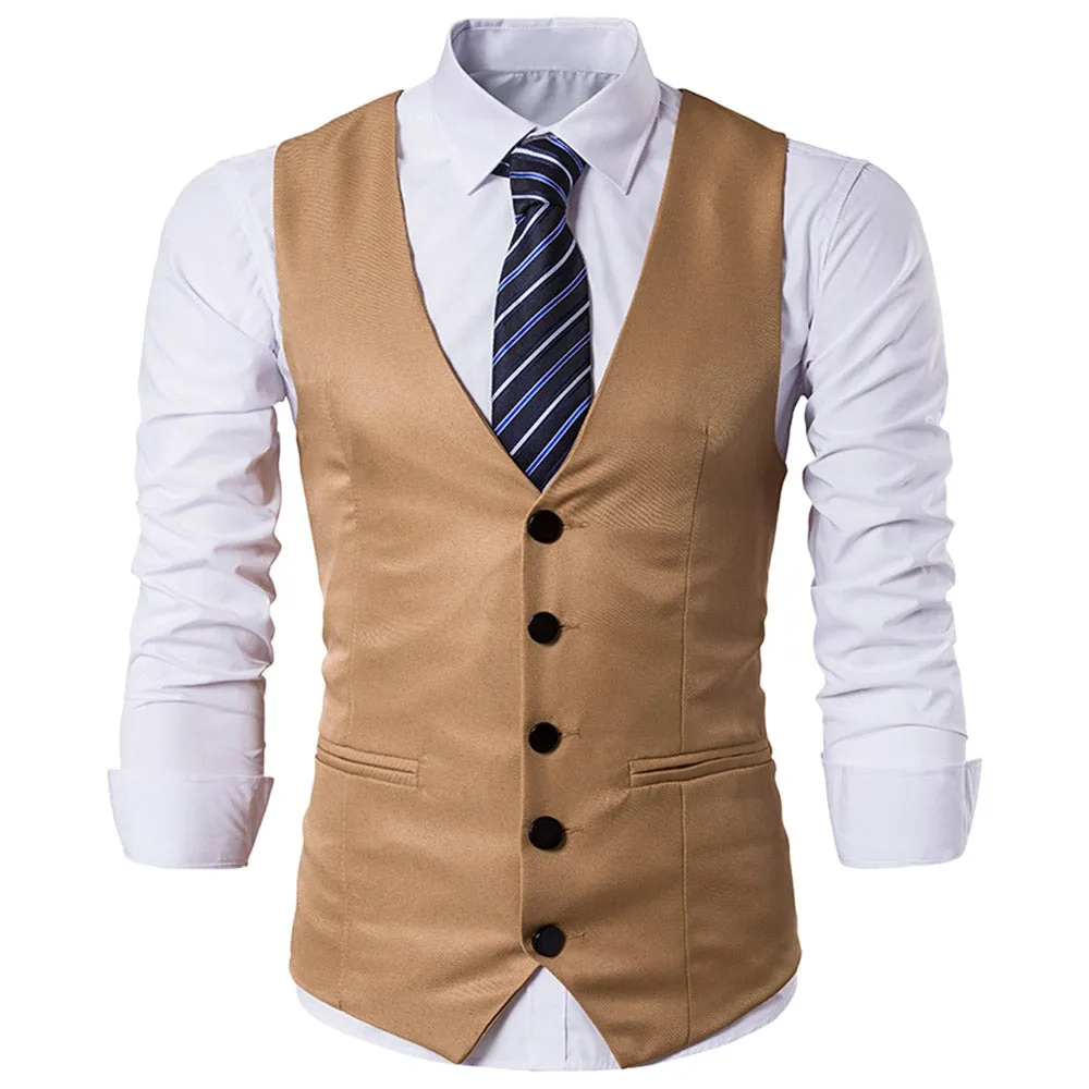 Men Business Suit Vest Slim Solid Button Sleeveless Skinny Wedding Waistcoat