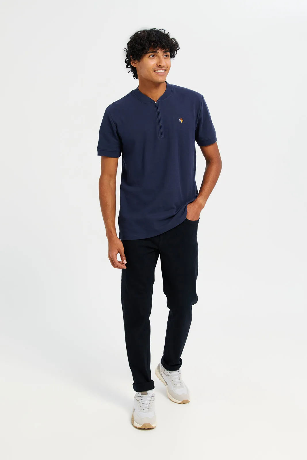 Men Navy Henley Polo Shirt