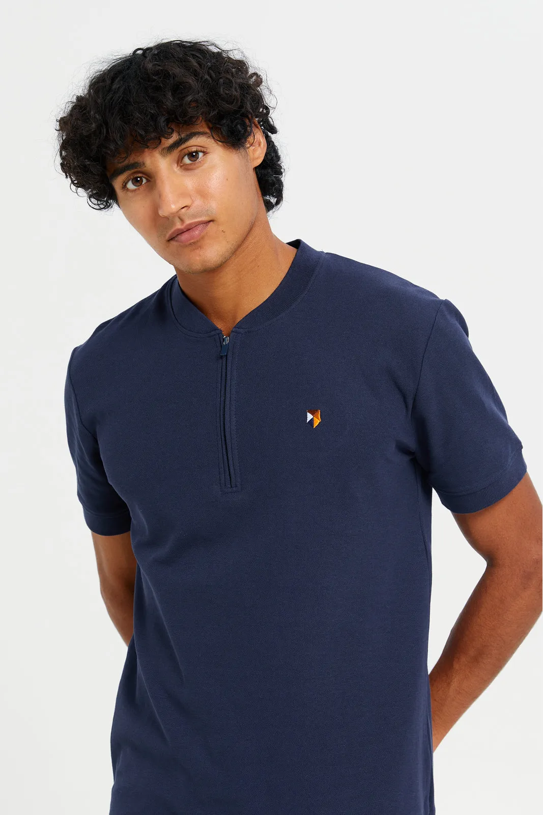 Men Navy Henley Polo Shirt