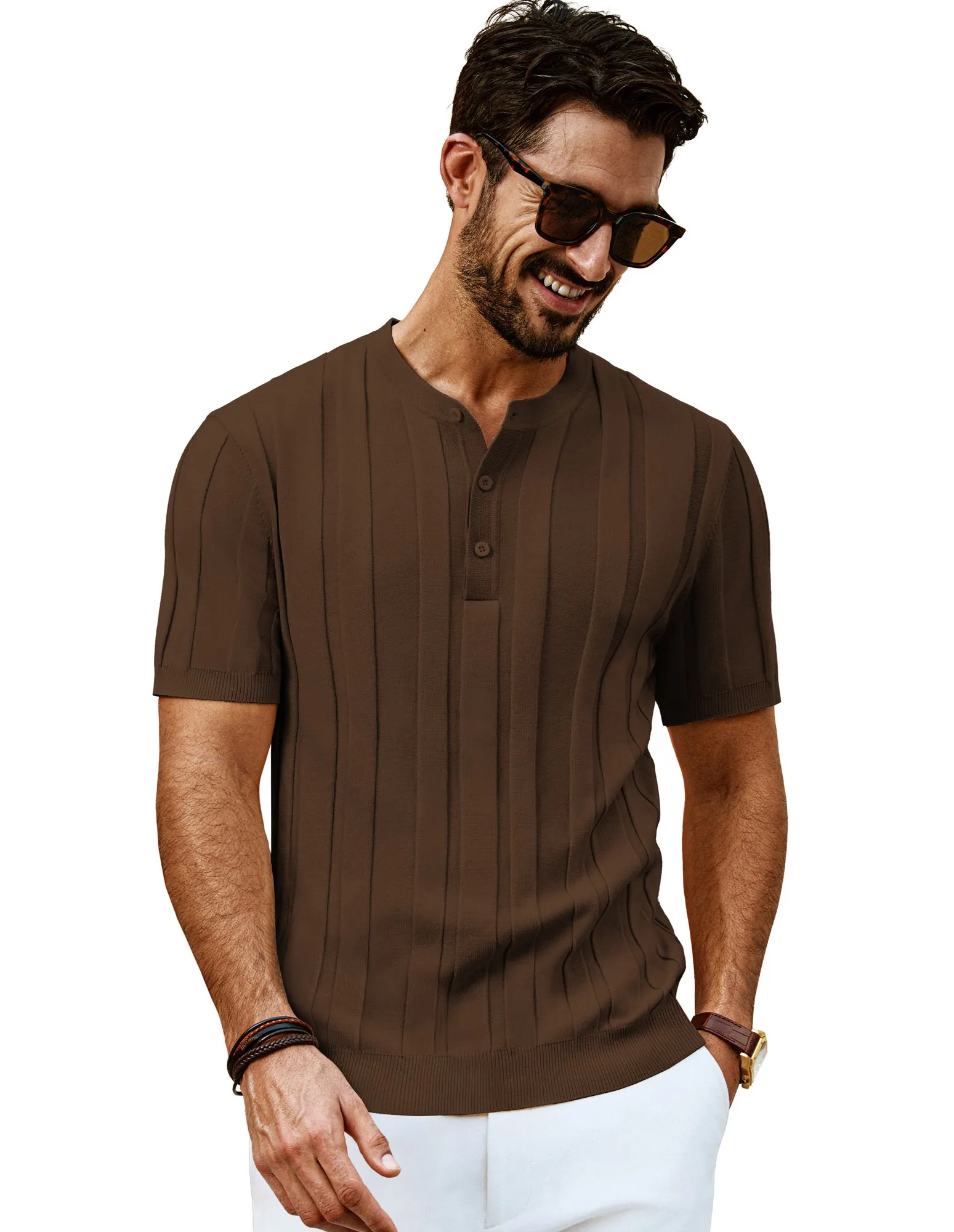 Men Textured Knitted T-Shirt Short Sleeve Henley Neck Knitwear Tops