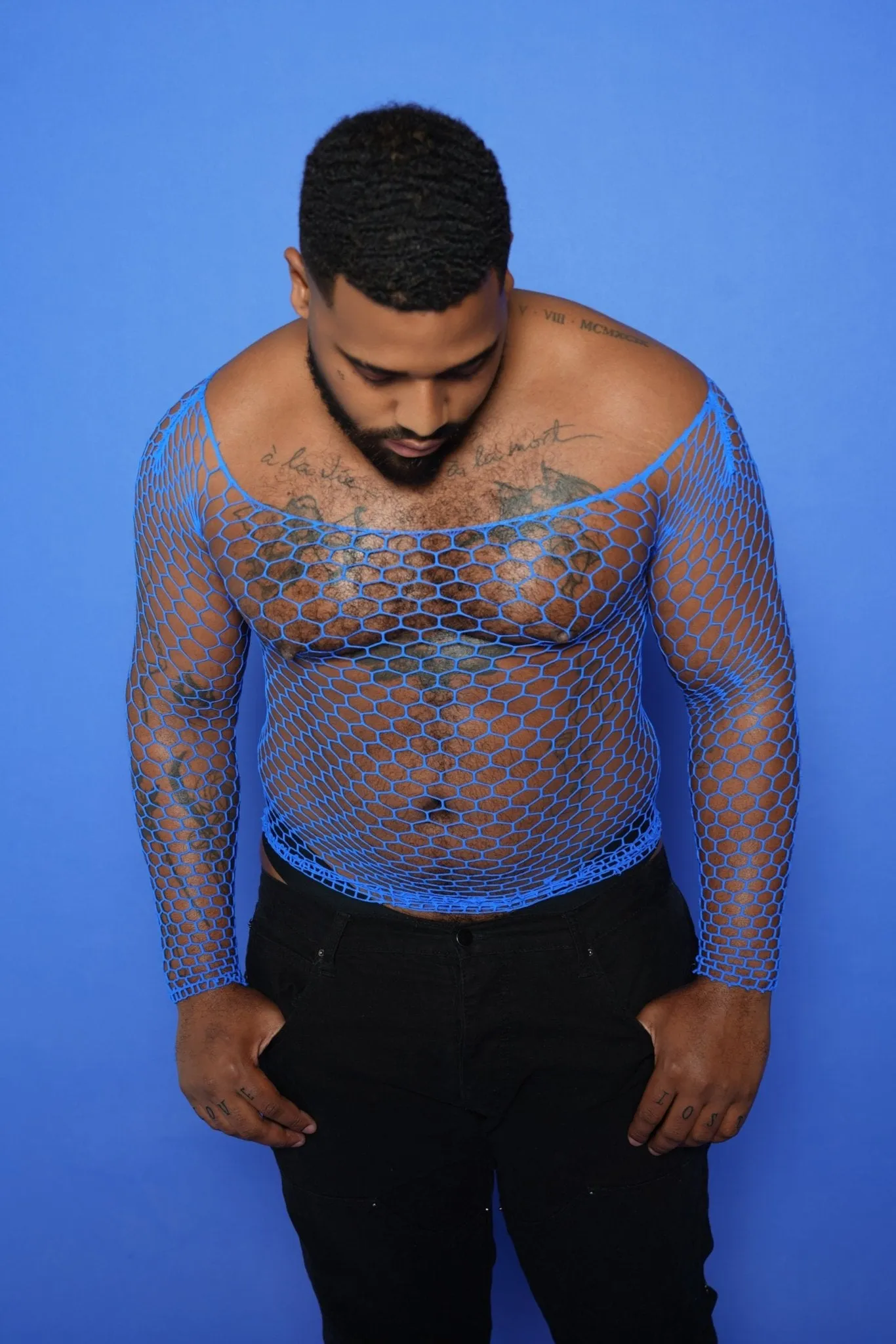 Men's Blue Fishnet Mesh Long Sleeve Tee Tops Bodysuit Stretchable