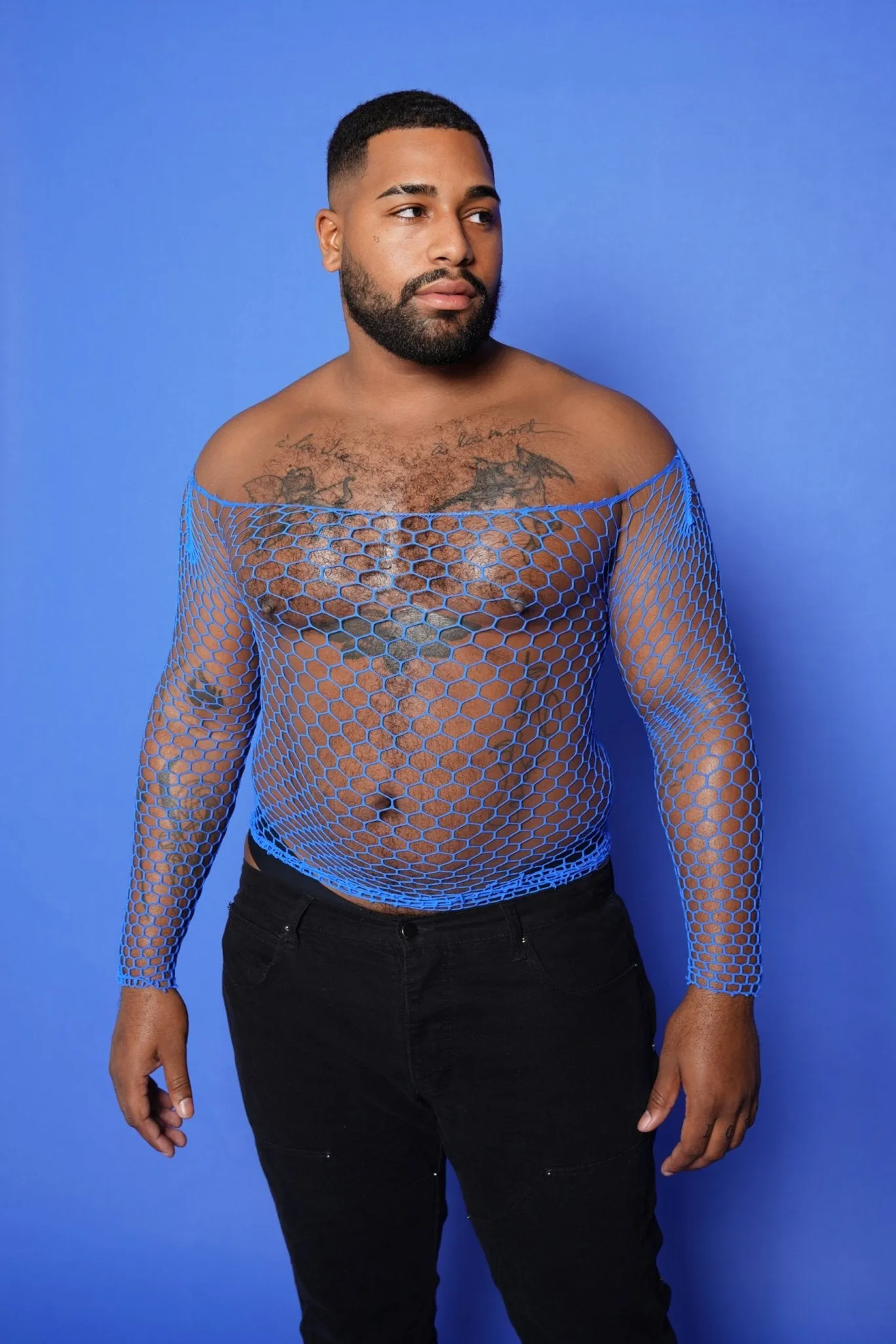 Men's Blue Fishnet Mesh Long Sleeve Tee Tops Bodysuit Stretchable