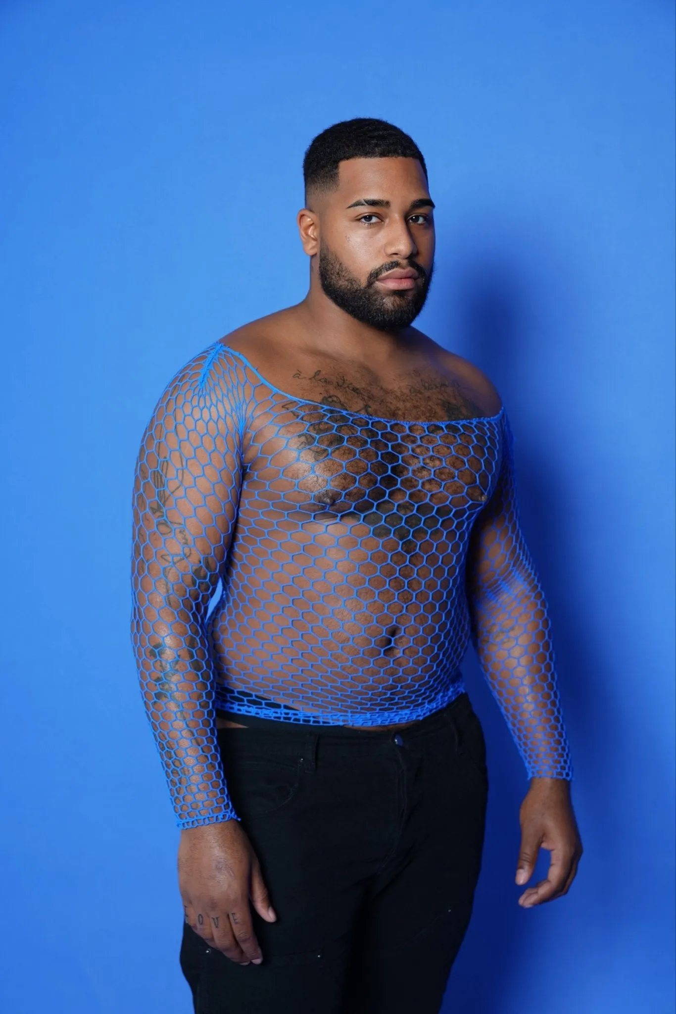 Men's Blue Fishnet Mesh Long Sleeve Tee Tops Bodysuit Stretchable