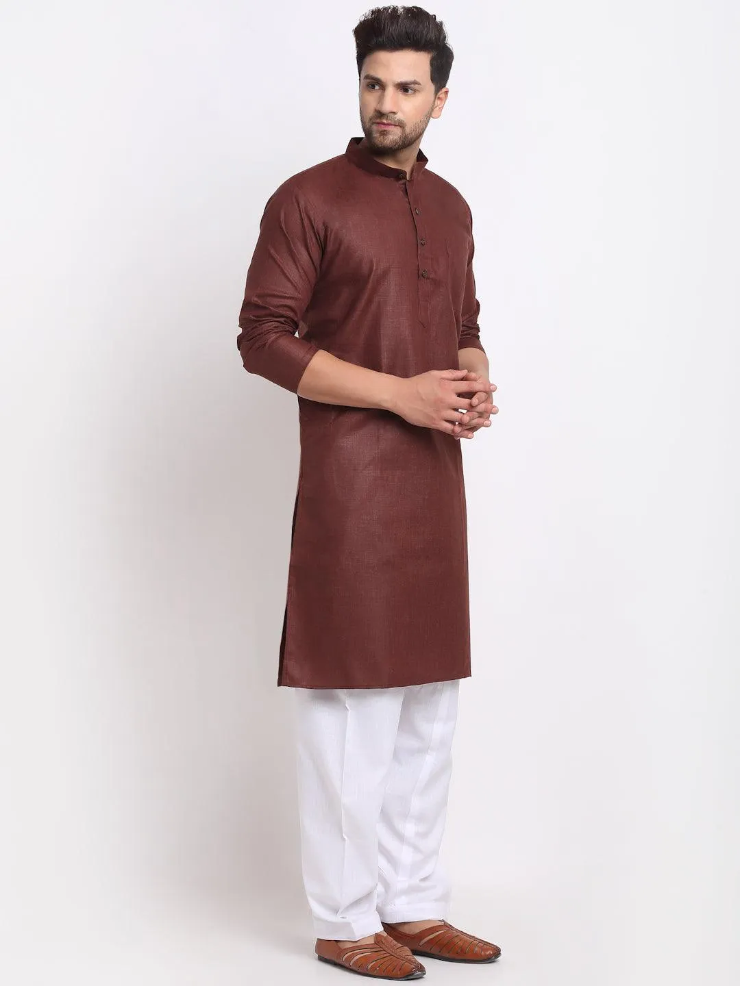 Men's Brown Solid Kurta With White Salwar - Benstoke