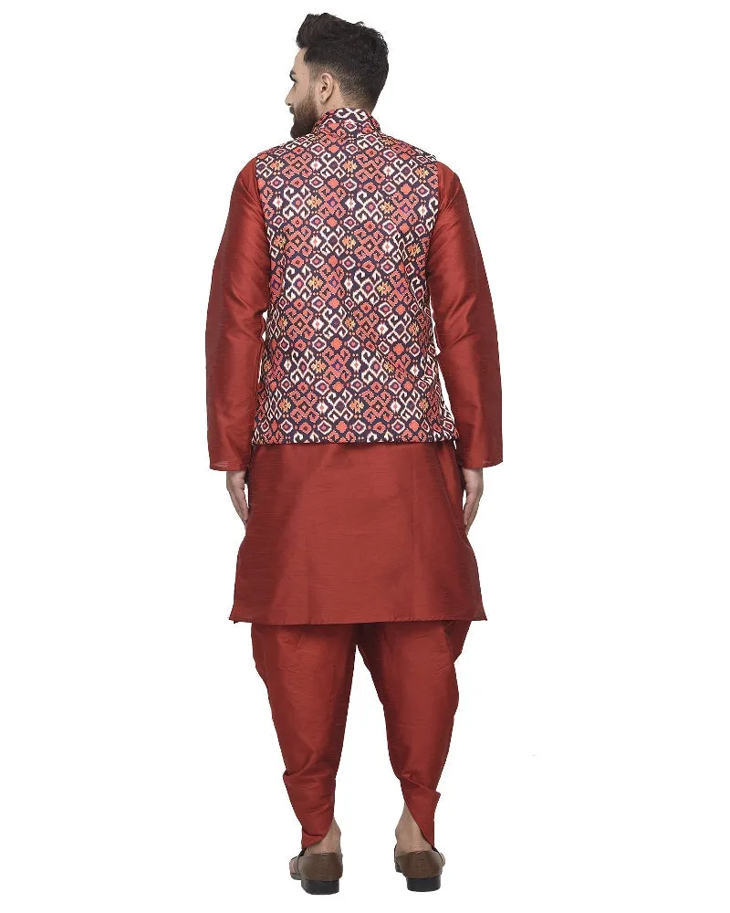 Men's Maroon Kurta With Dhoti & Navy Printed Nehru Jacket - Benstoke