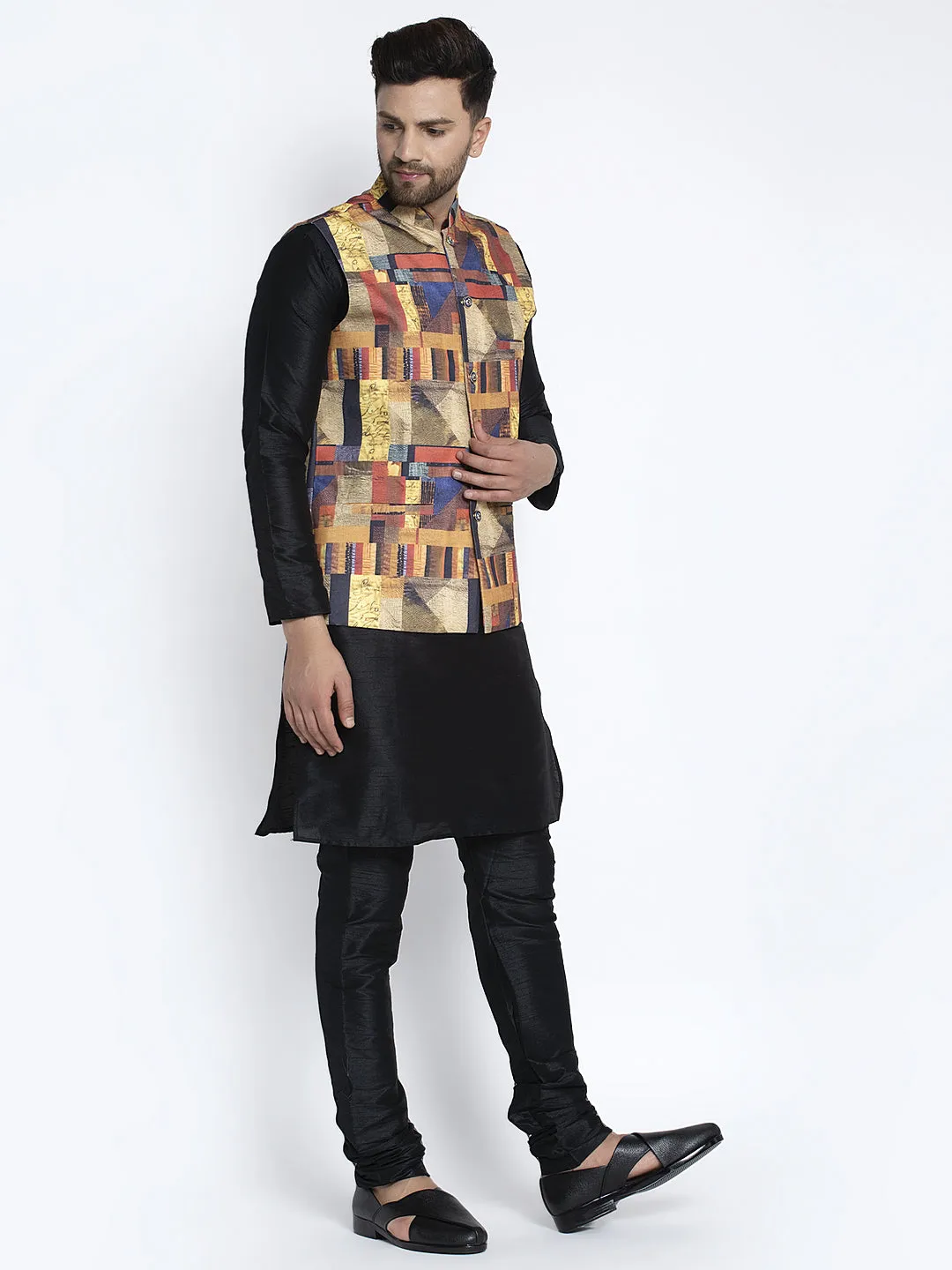 Men's Silk Blend Black Kurta With Pyjama & Multicolor Printed Nehru Jacket - Benstoke