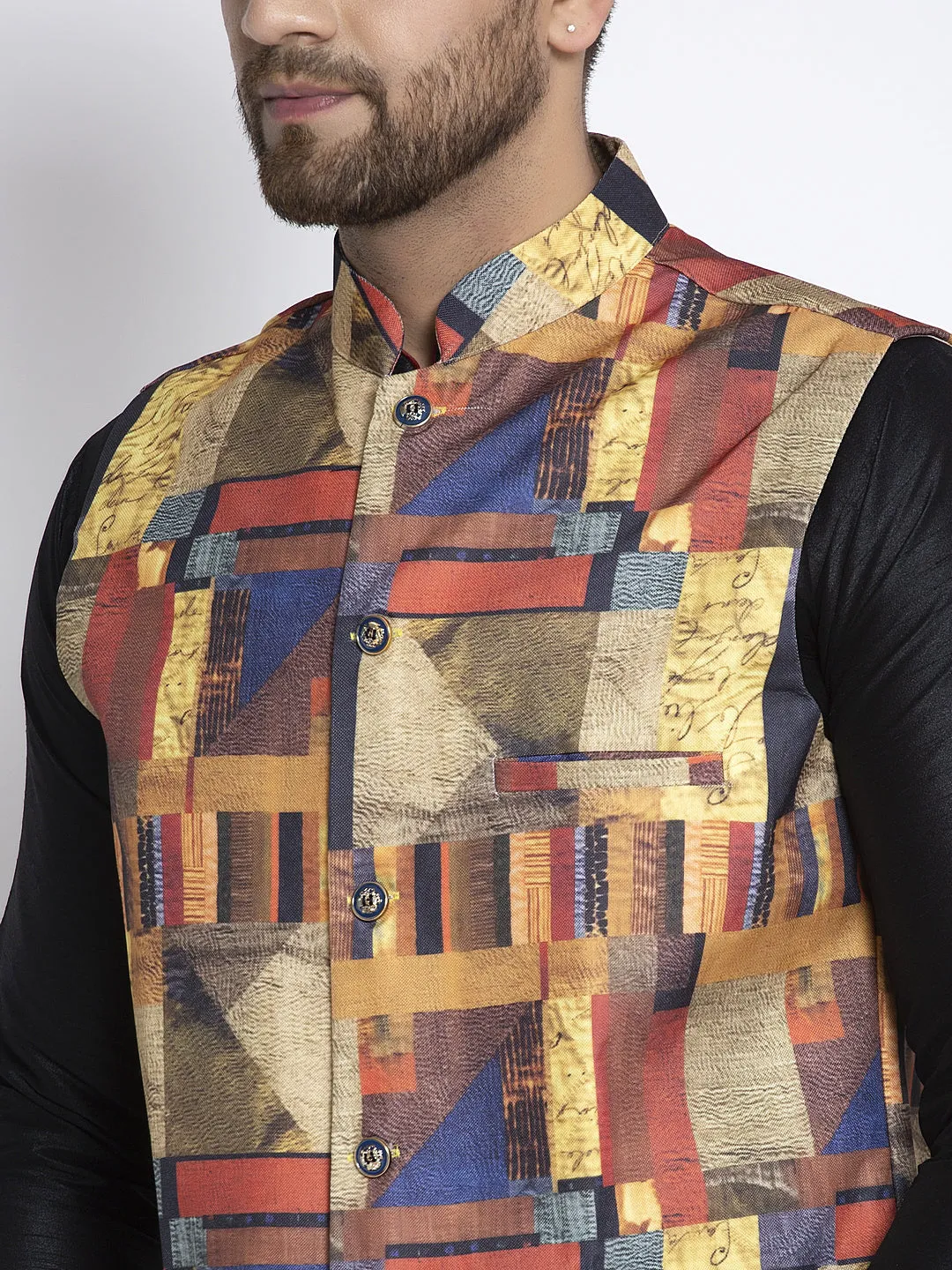 Men's Silk Blend Black Kurta With Pyjama & Multicolor Printed Nehru Jacket - Benstoke