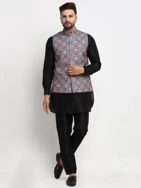 Men's Silk Blend Black Kurta With Pyjama & Sky Blue Printed Nehru Jacket - Benstoke