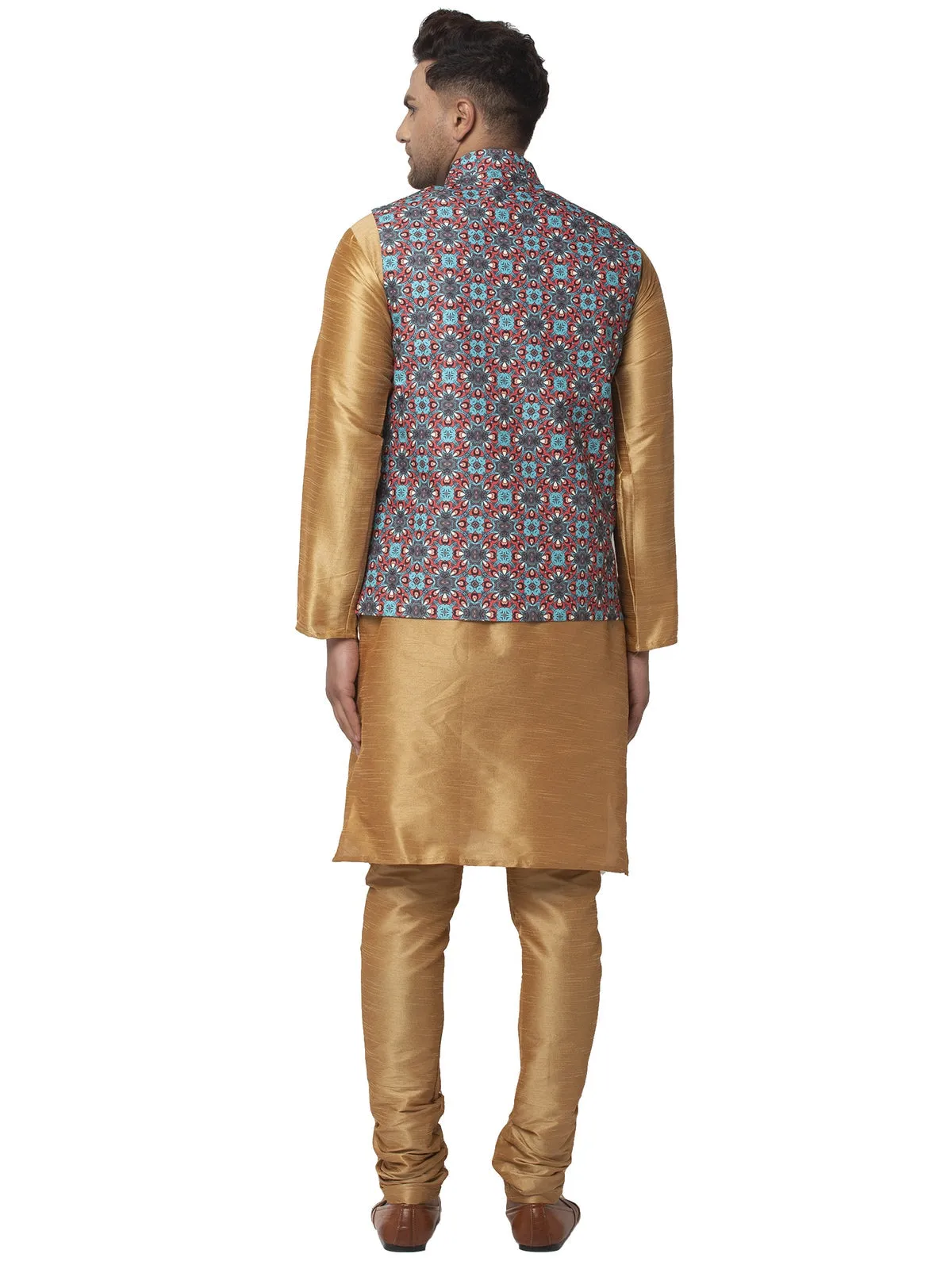 Men's Silk Blend Copper Kurta With Pyjama & Sky Blue Printed Nehru Jacket - Benstoke