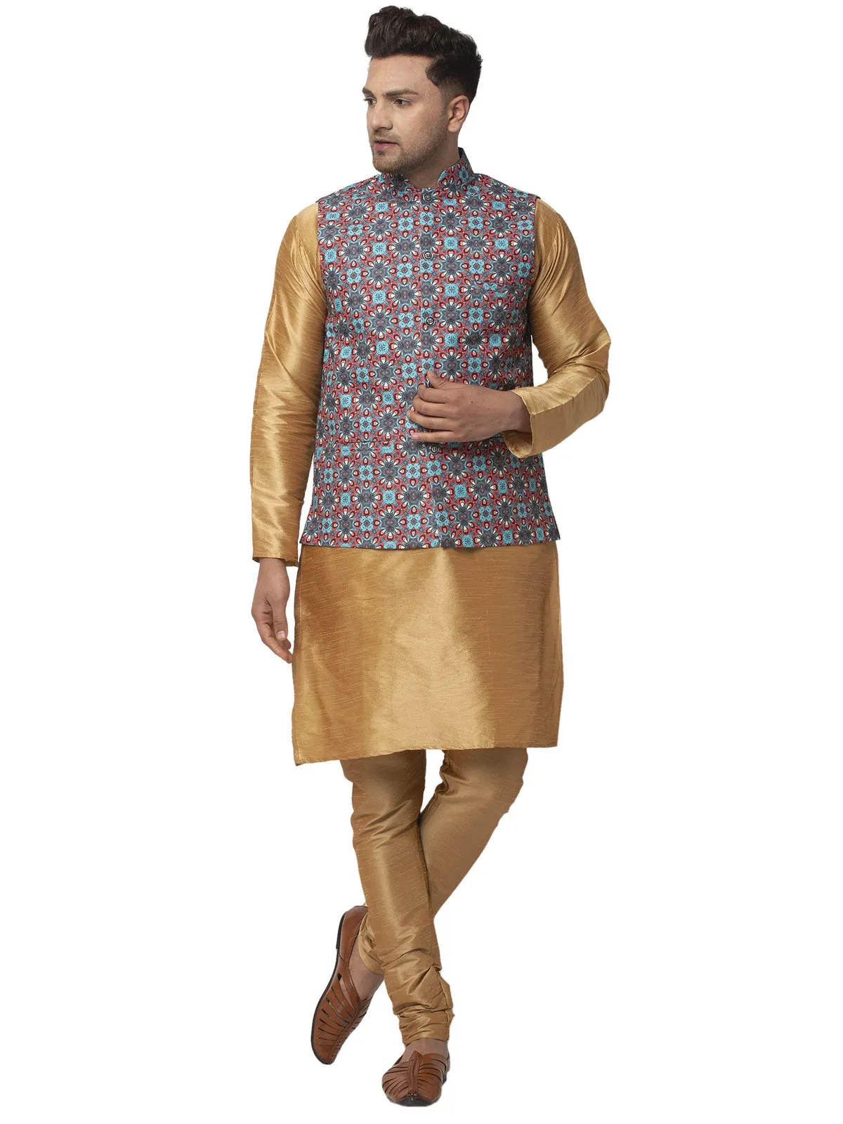 Men's Silk Blend Copper Kurta With Pyjama & Sky Blue Printed Nehru Jacket - Benstoke