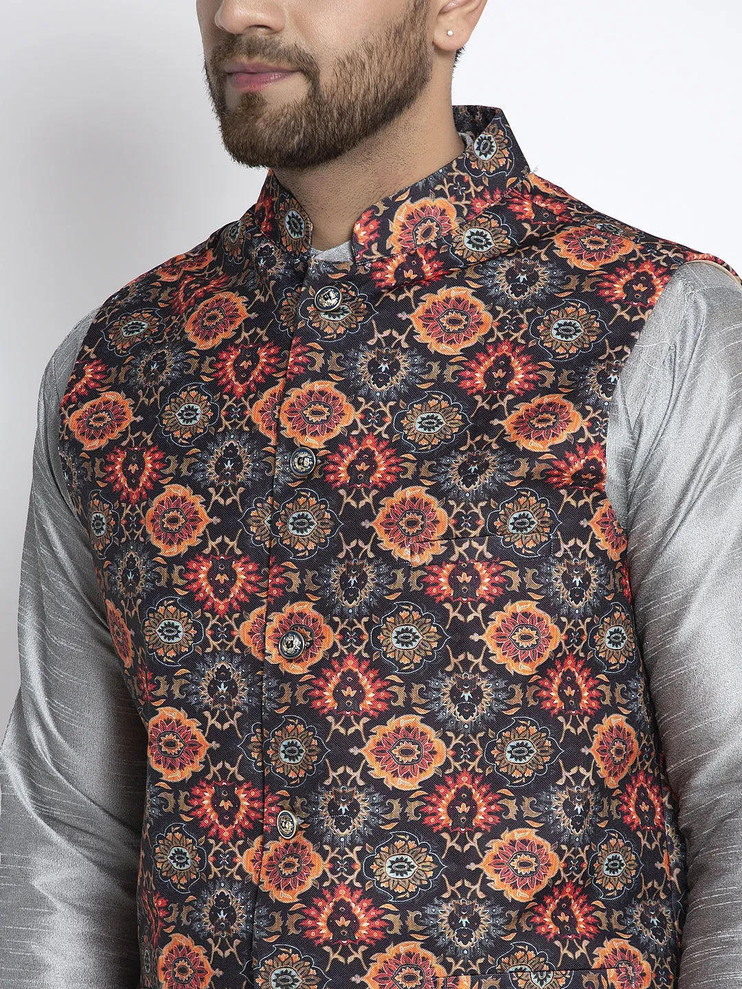 Men's Silk Blend Grey Kurta With Pyjama & Black Printed Nehru Jacket - Benstoke