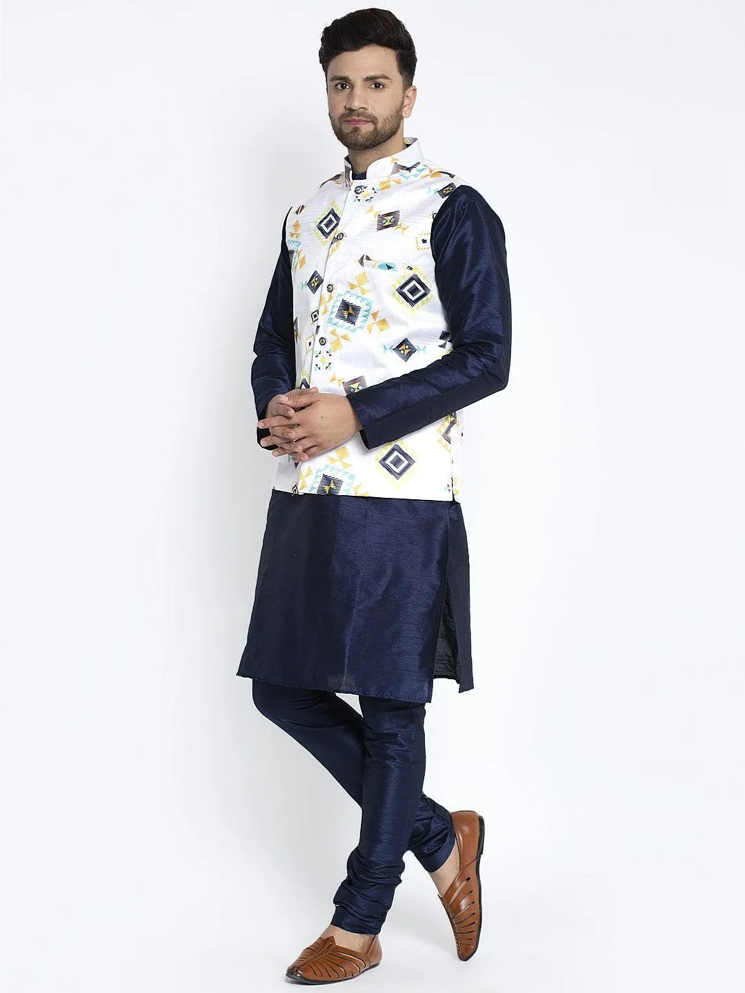 Men's Silk Blend Navy Blue Kurta With Pyjama & White Printed Nehru Jacket - Benstoke