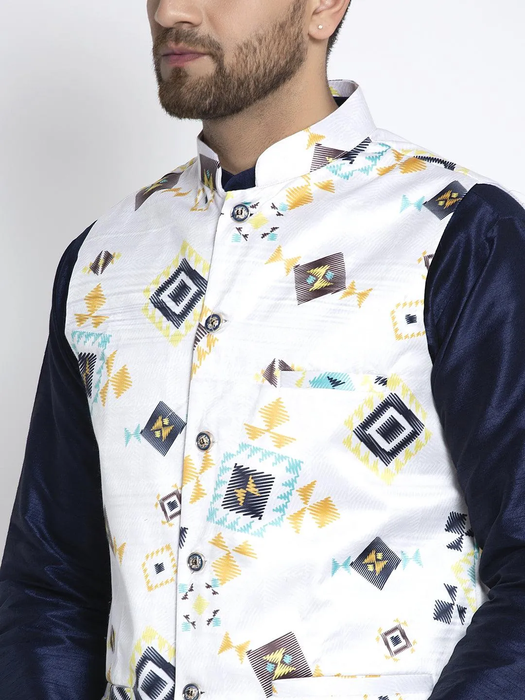 Men's Silk Blend Navy Blue Kurta With Pyjama & White Printed Nehru Jacket - Benstoke