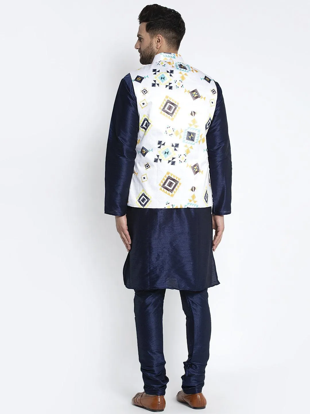 Men's Silk Blend Navy Blue Kurta With Pyjama & White Printed Nehru Jacket - Benstoke