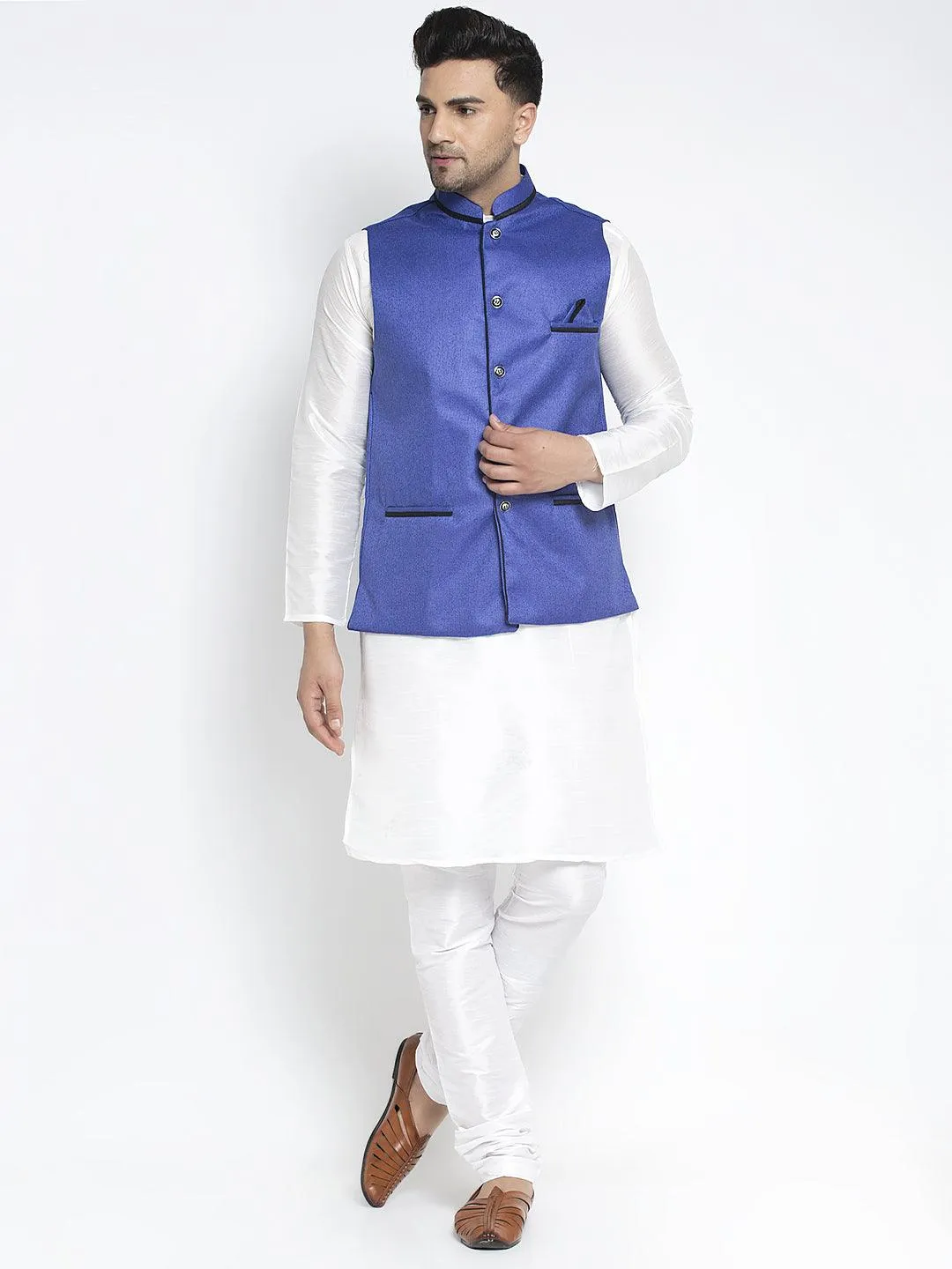 Men's Silk Blend White Kurta With Pyjama & Royal Blue Nehru Jacket - Benstoke