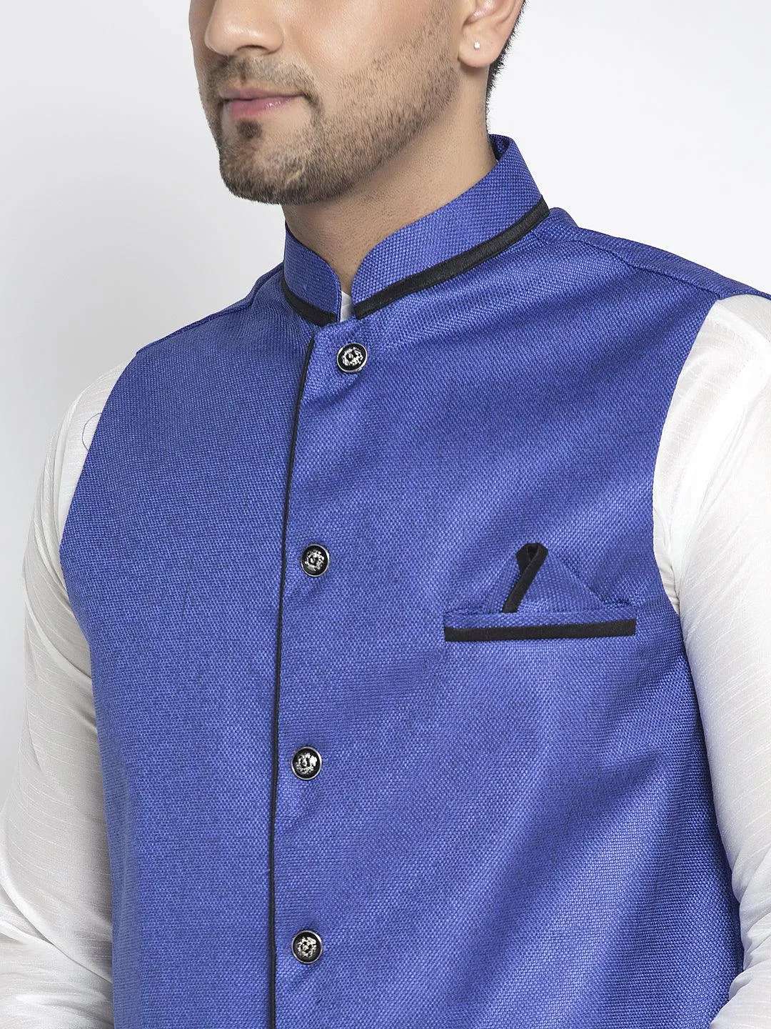 Men's Silk Blend White Kurta With Pyjama & Royal Blue Nehru Jacket - Benstoke